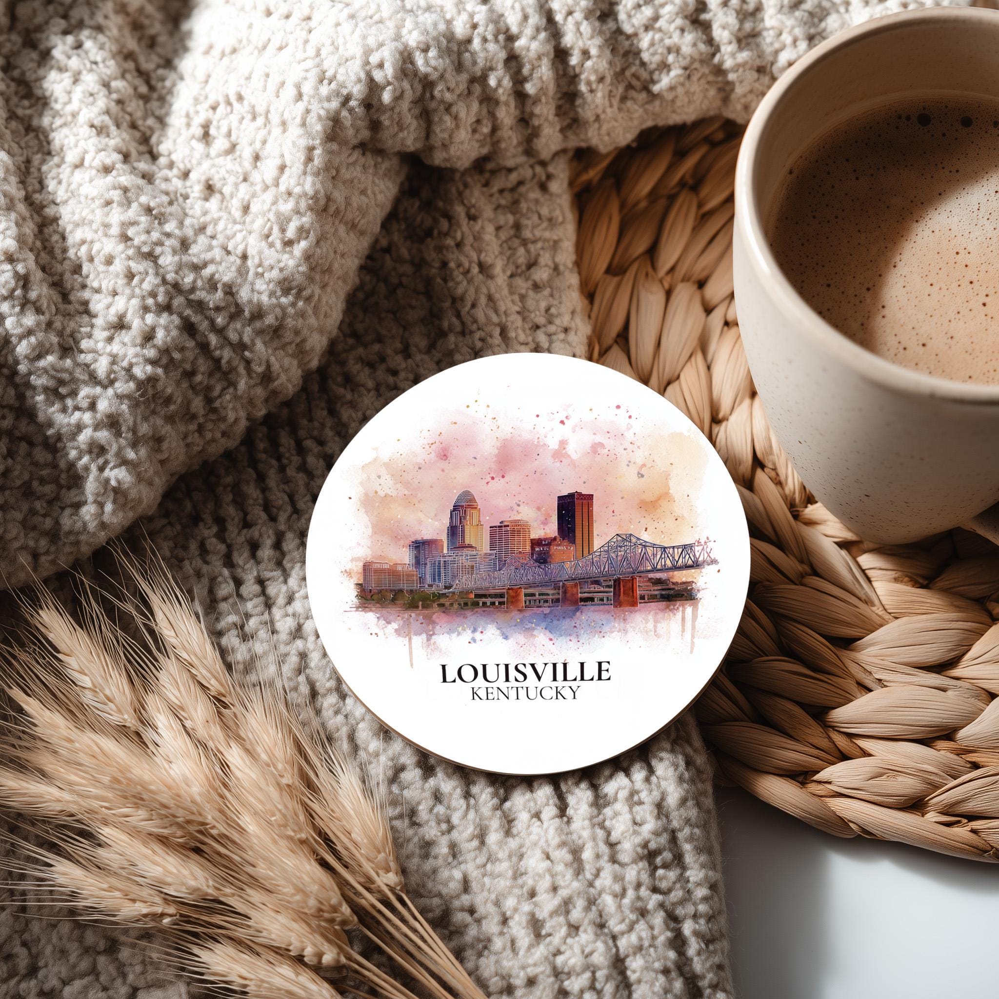 Louisville Kentucky Coaster, Watercolor Personalized Painting, Travel Gift Souvenir, Home Decor, Ceramic Set