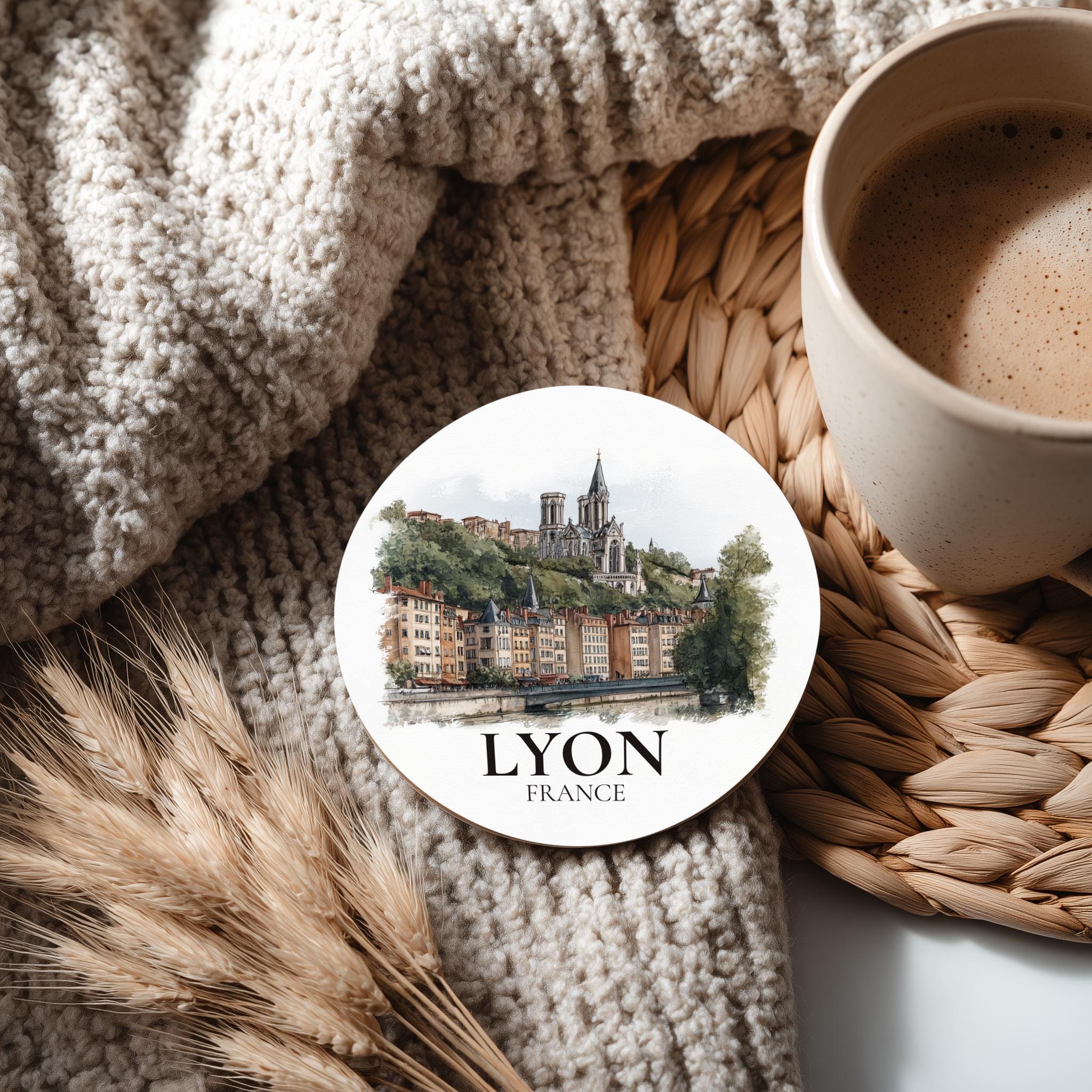 Lyon France Coaster, Watercolor Personalized Painting, Travel Gift Souvenir, Home Decor, Ceramic Set
