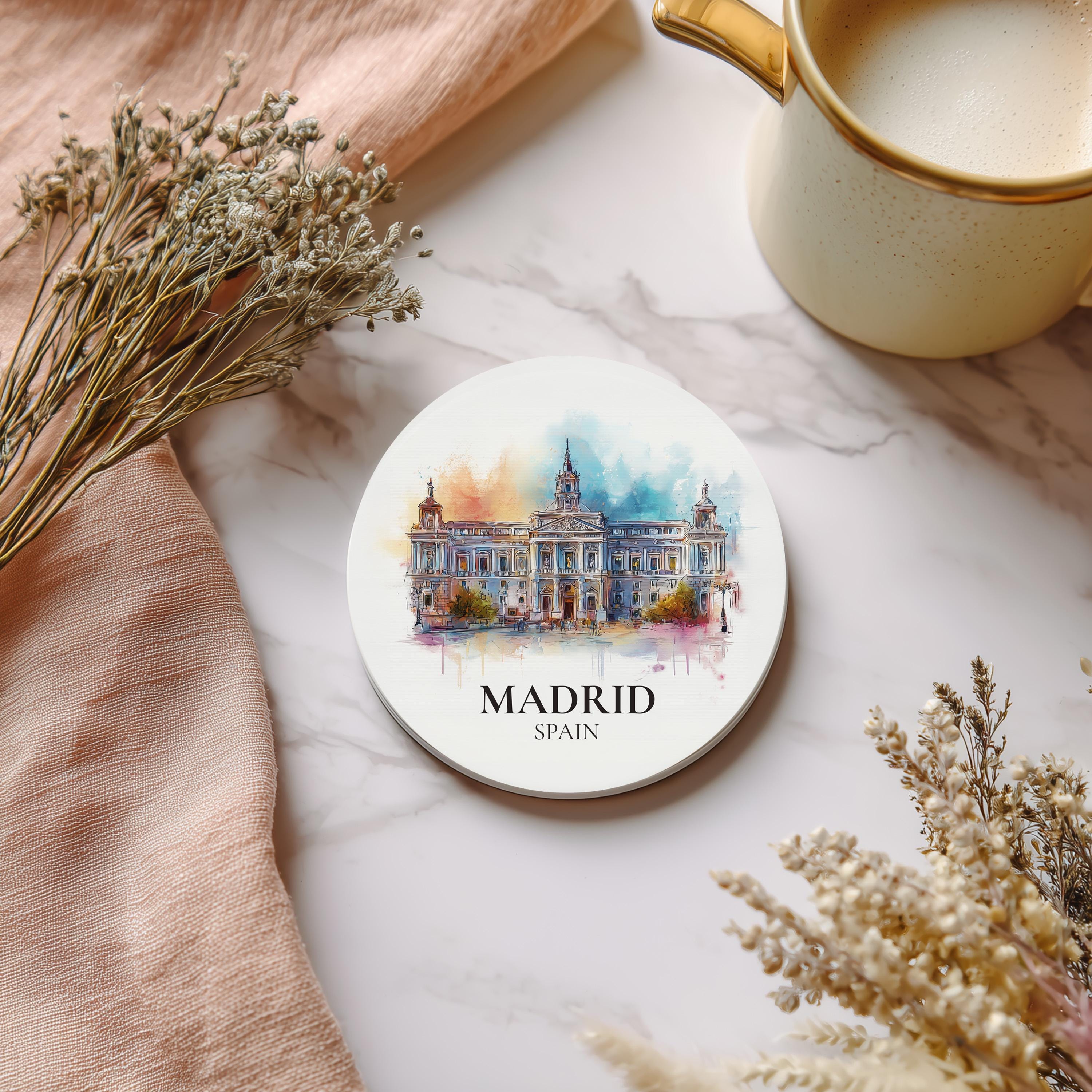 Madrid Spain Coaster, Watercolor Personalized Painting, Travel Gift Souvenir, Home Decor, Ceramic Set