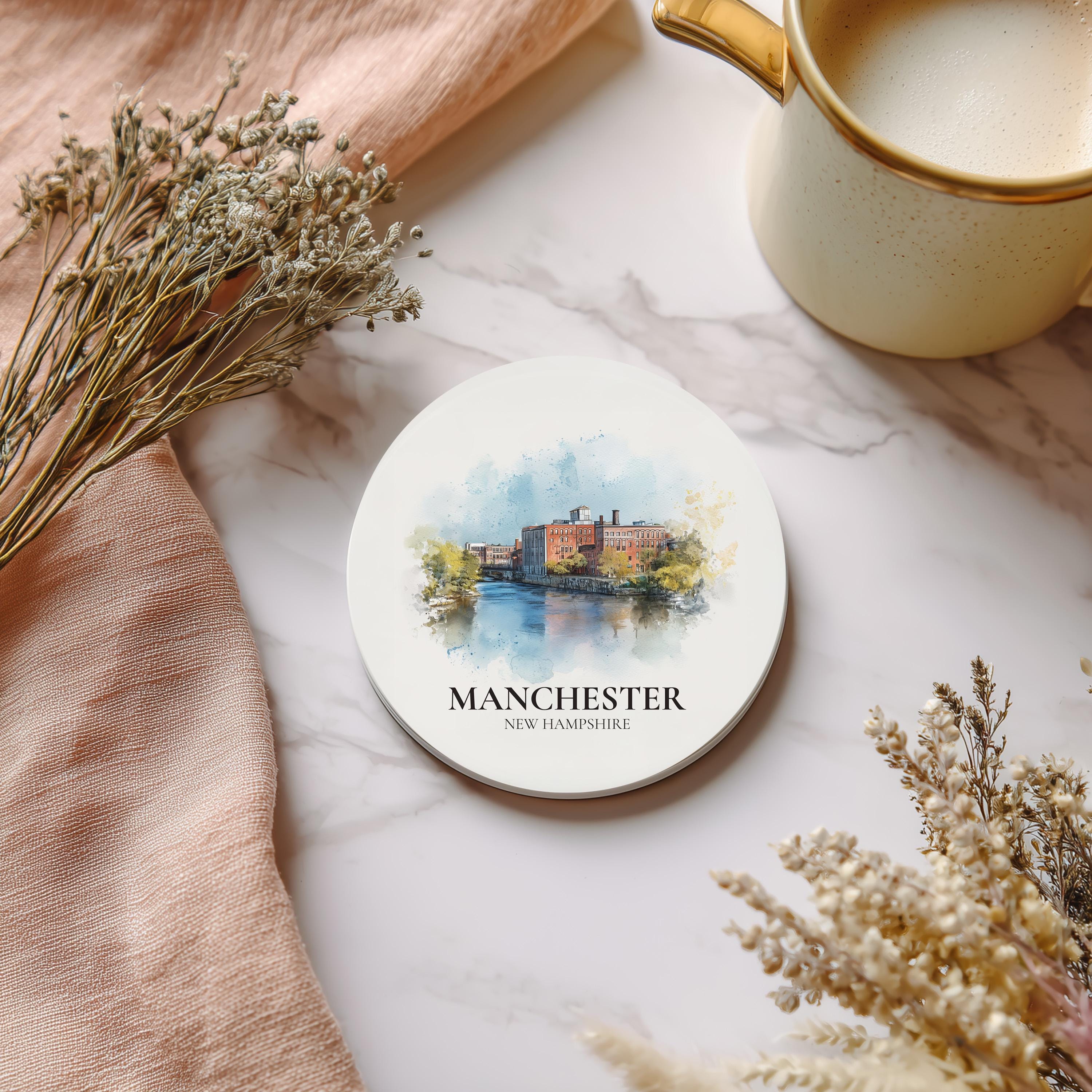 Manchester New Hampshire Coaster, Watercolor Personalized Painting, Travel Gift Souvenir, Home Decor, Ceramic Set