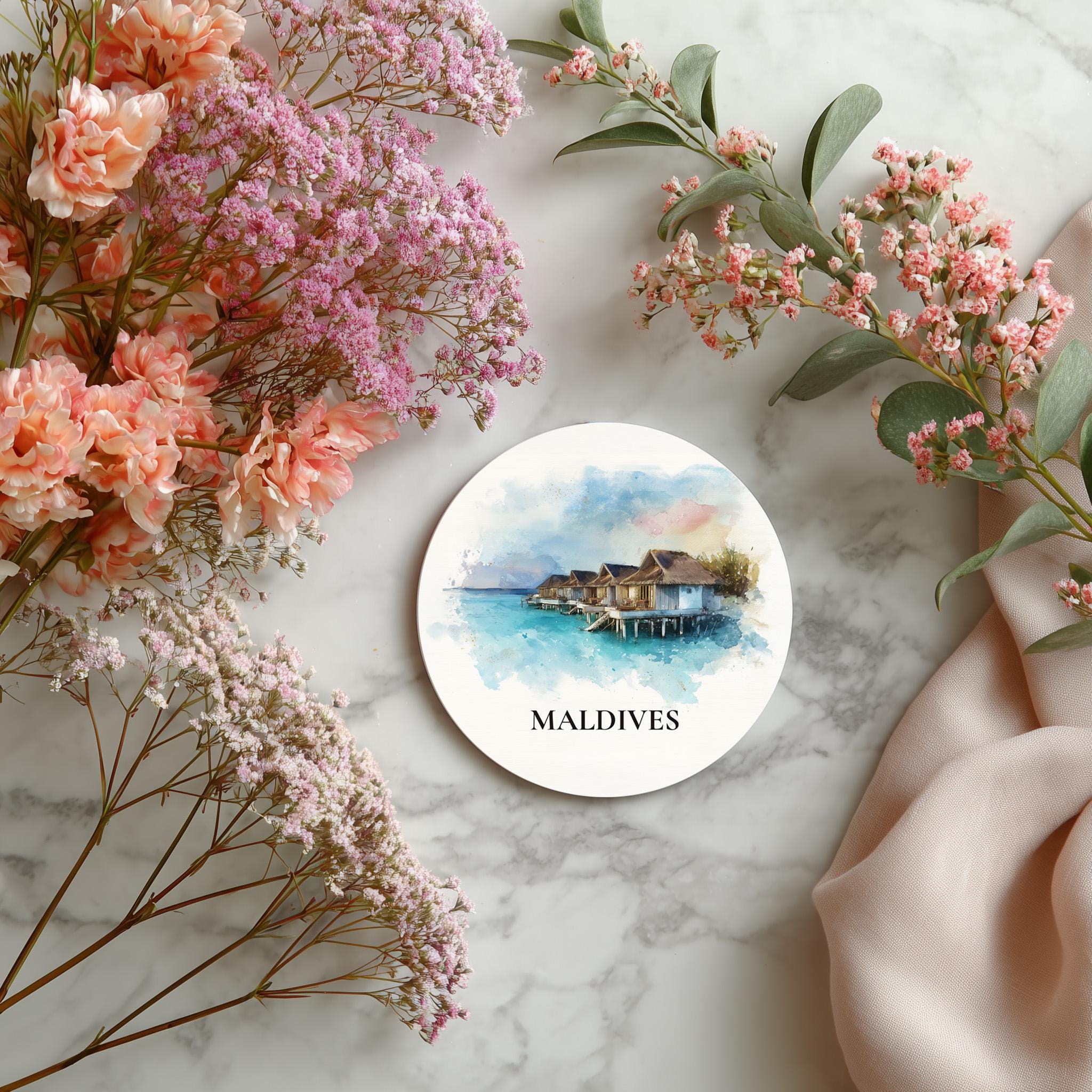 Maldives Coaster, Watercolor Personalized Painting, Travel Gift Souvenir, Home Decor, Ceramic Set