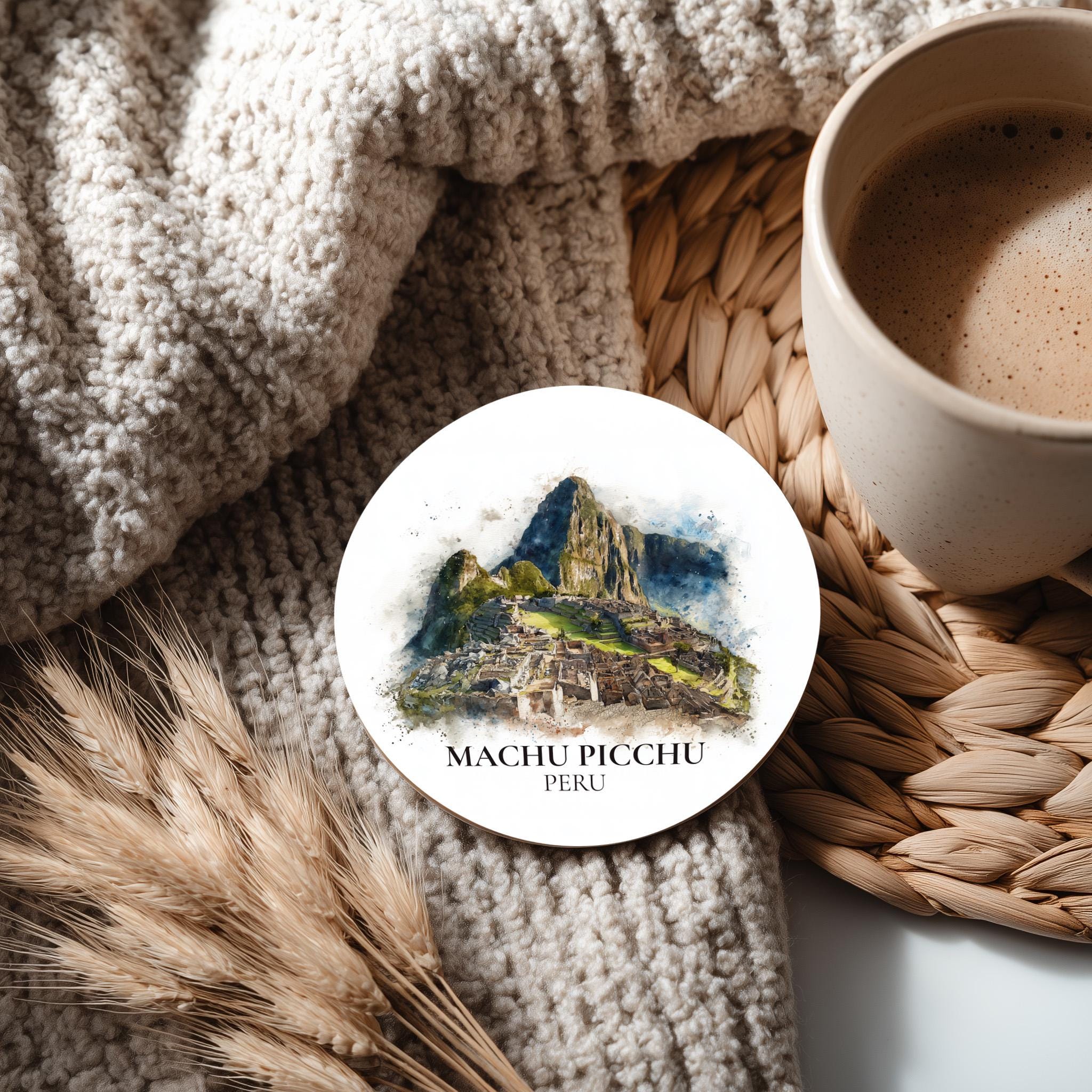 Machu Picchu Peru Coaster, Watercolor Personalized Painting, Travel Gift Souvenir, Home Decor, Ceramic Set