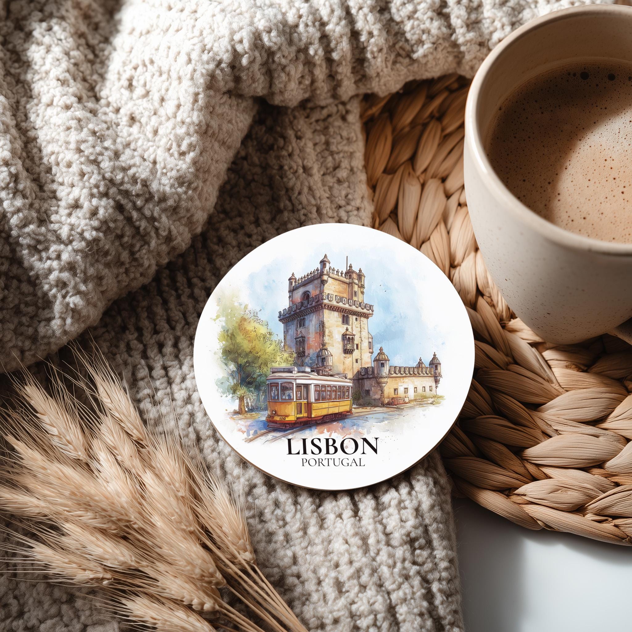 Lisbon Portugal2 Coaster, Watercolor Personalized Painting, Travel Gift Souvenir, Home Decor, Ceramic Set