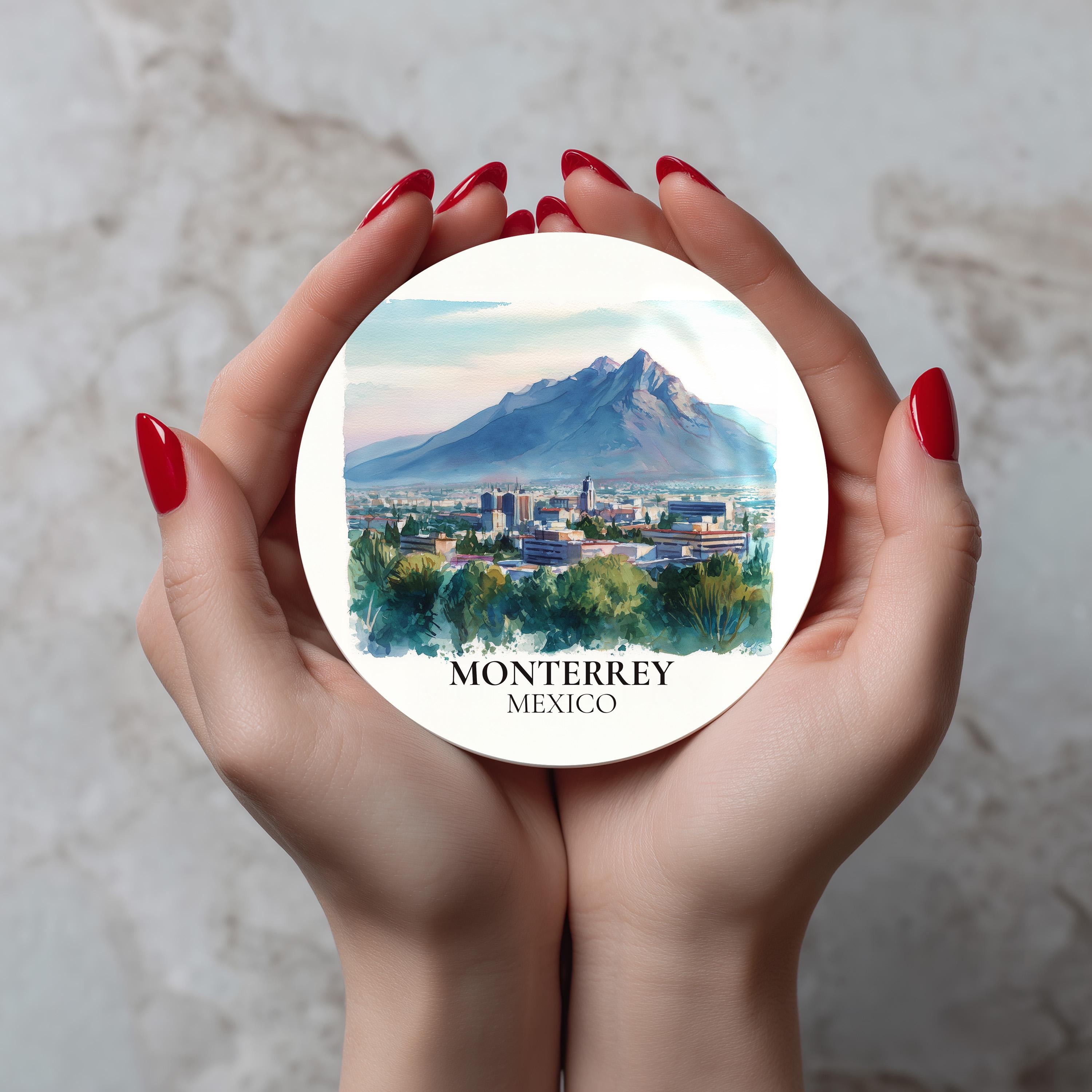 Monterrey Mexico Coaster, Watercolor Personalized Painting, Travel Gift Souvenir, Home Decor, Ceramic Set