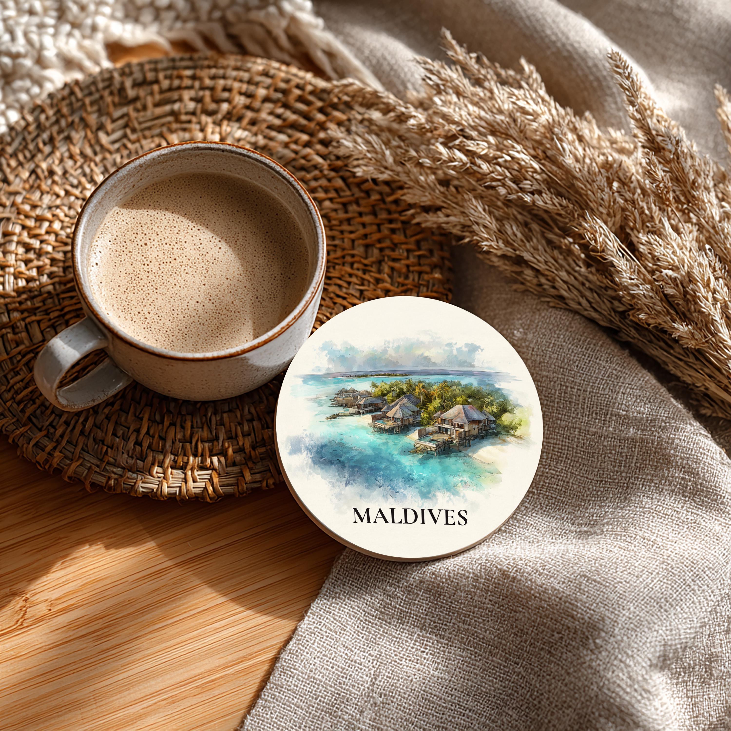Maldives2 Coaster, Watercolor Personalized Painting, Travel Gift Souvenir, Home Decor, Ceramic Set