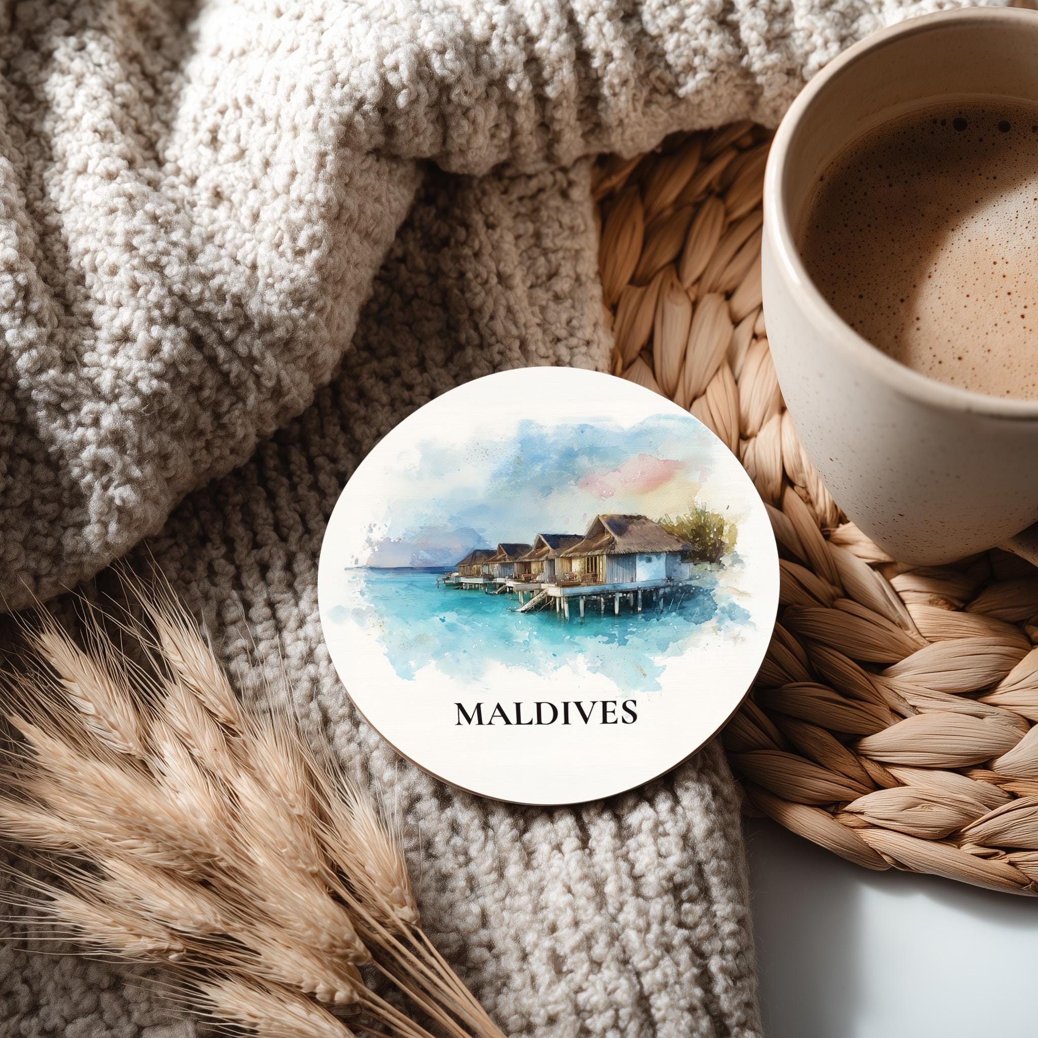 Maldives Coaster, Watercolor Personalized Painting, Travel Gift Souvenir, Home Decor, Ceramic Set