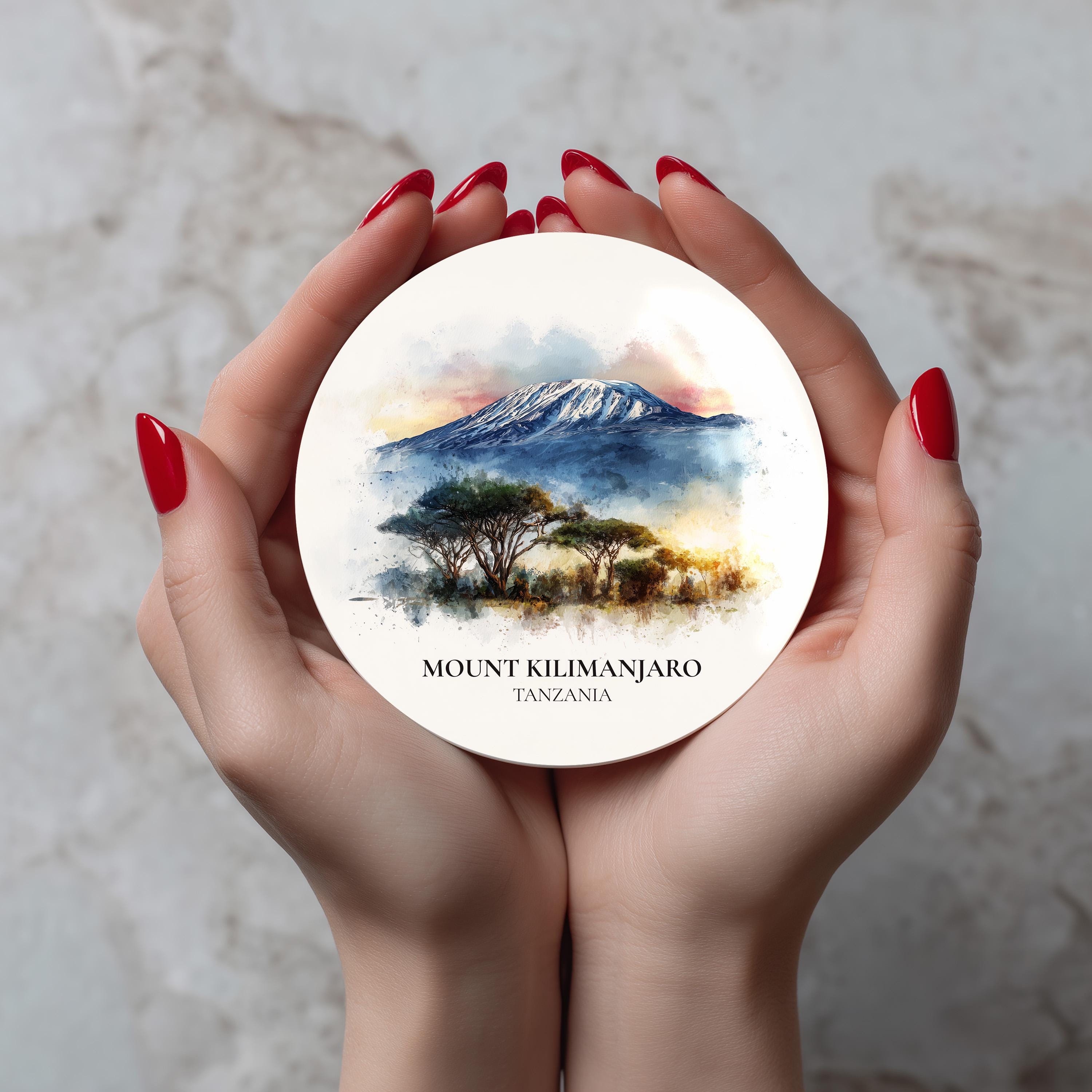 Mount Kilimanjaro Tanzania Coaster, Watercolor Personalized Painting, Travel Gift Souvenir, Home Decor, Ceramic Set