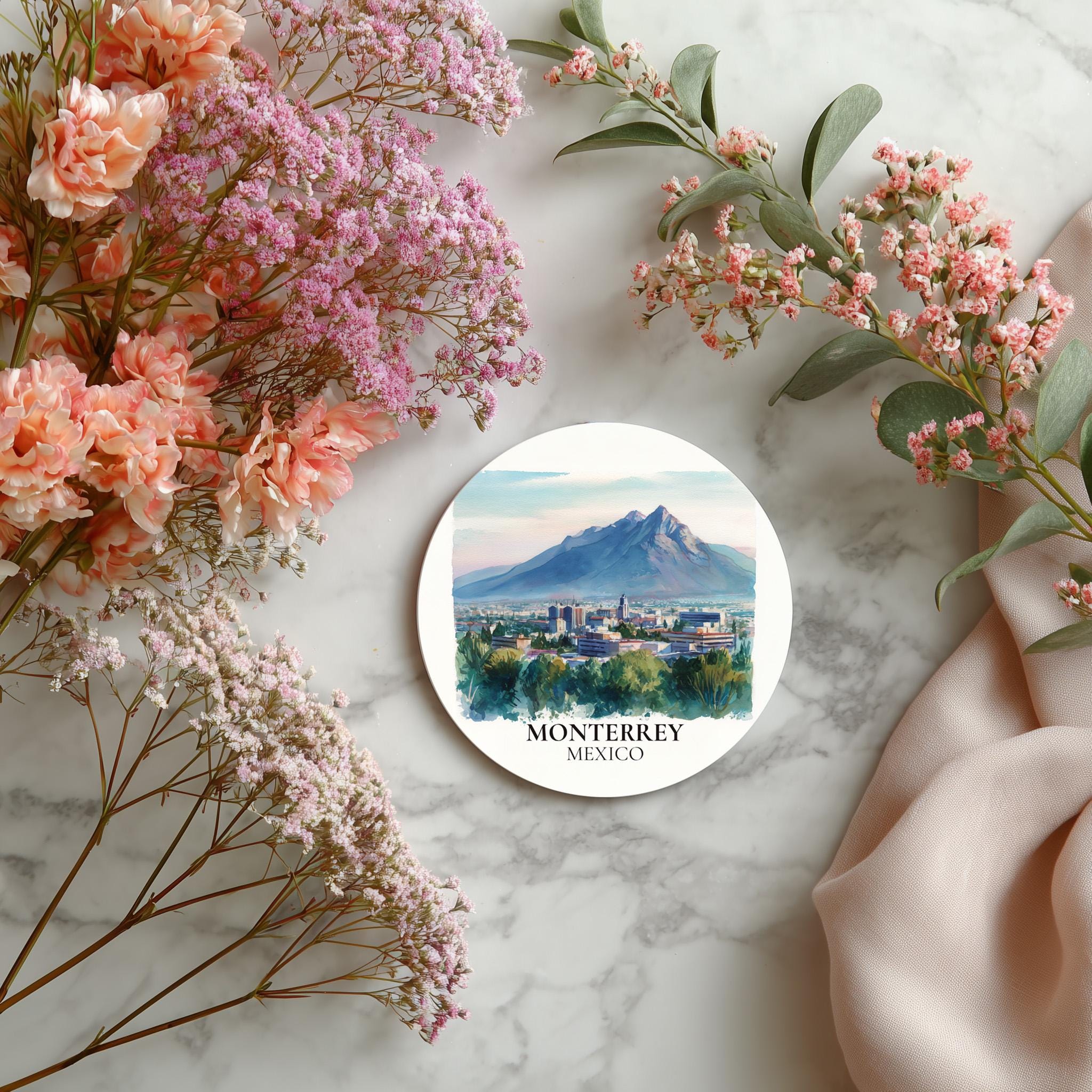 Monterrey Mexico Coaster, Watercolor Personalized Painting, Travel Gift Souvenir, Home Decor, Ceramic Set