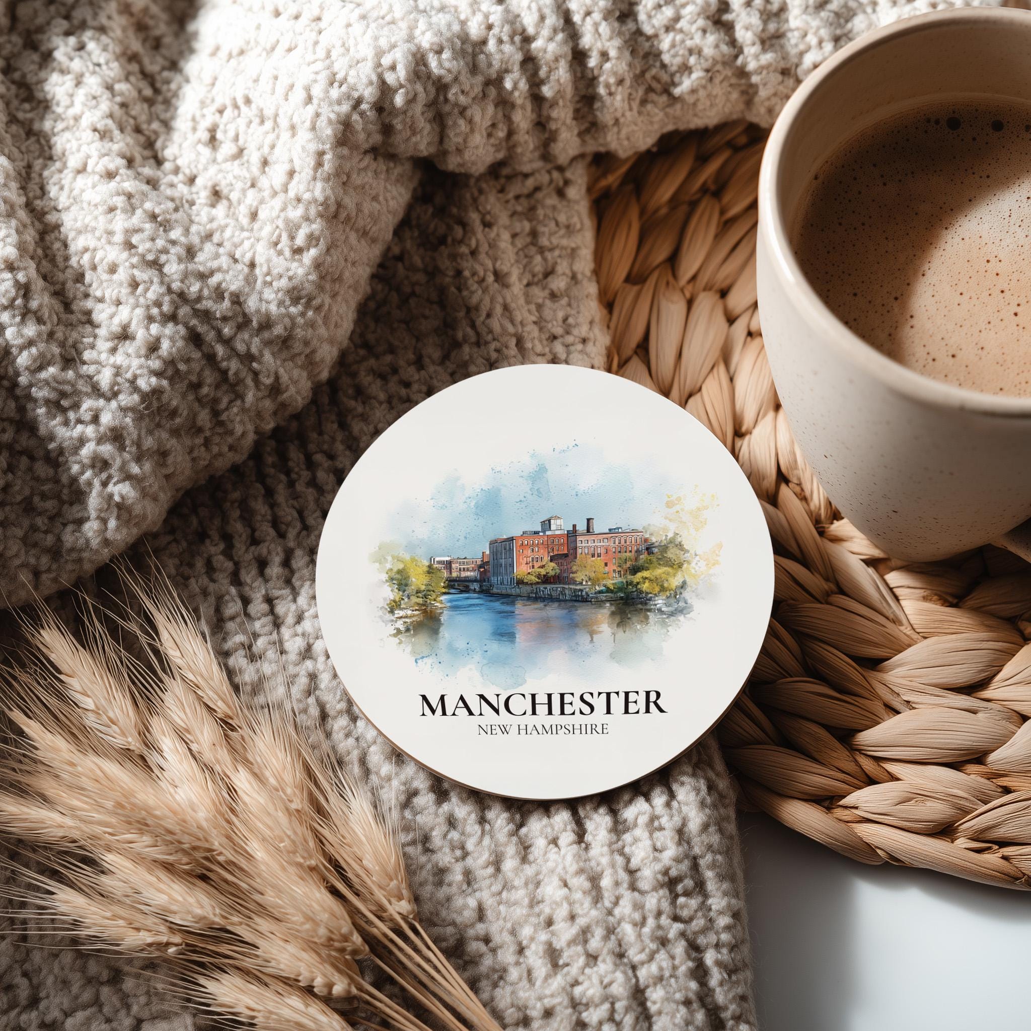 Manchester New Hampshire Coaster, Watercolor Personalized Painting, Travel Gift Souvenir, Home Decor, Ceramic Set
