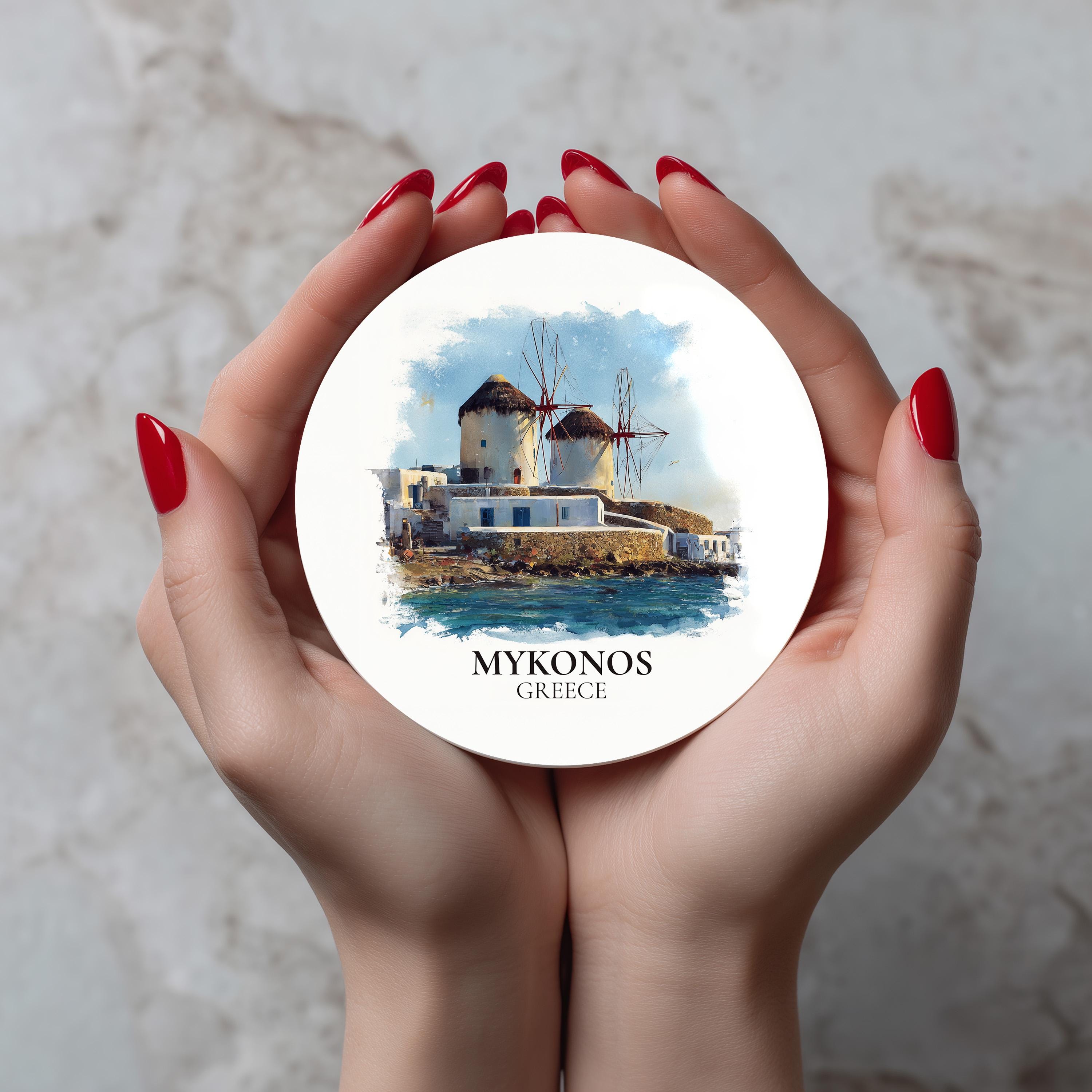 Mykonos Greece Coaster, Watercolor Personalized Painting, Travel Gift Souvenir, Home Decor, Ceramic Set