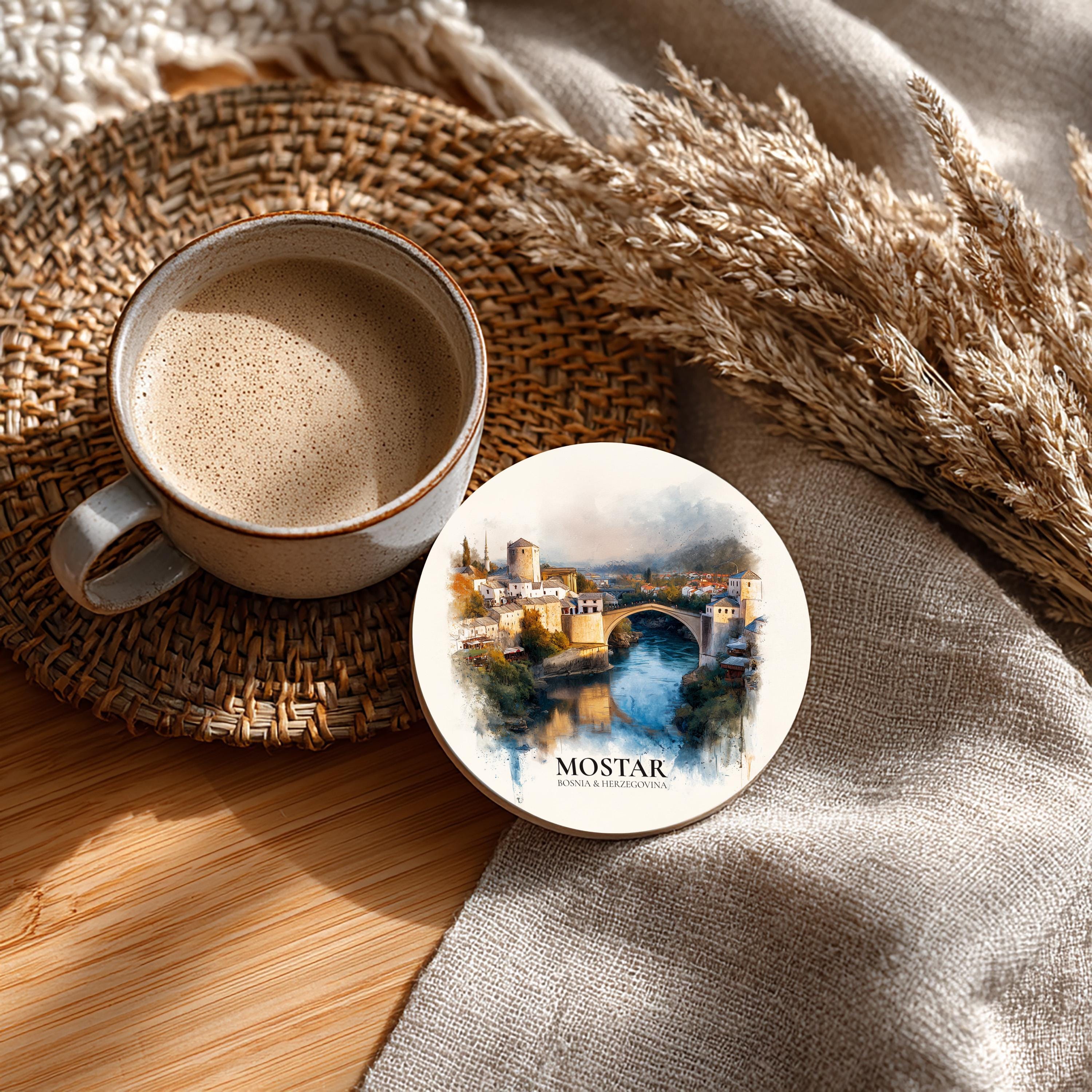 Mostar Bosnia and Herzegovina Coaster, Watercolor Personalized Painting, Travel Gift Souvenir, Home Decor, Ceramic Set