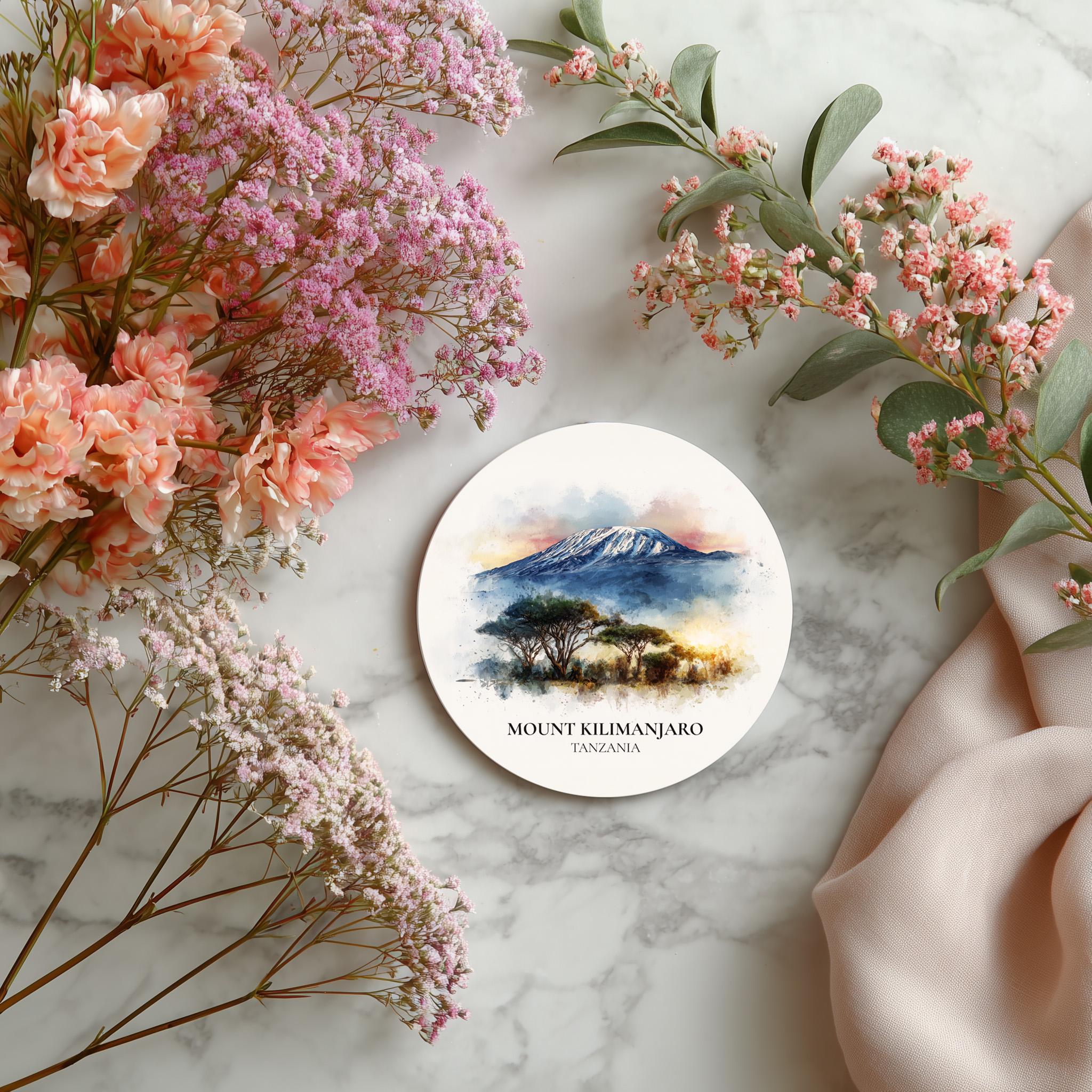 Mount Kilimanjaro Tanzania Coaster, Watercolor Personalized Painting, Travel Gift Souvenir, Home Decor, Ceramic Set