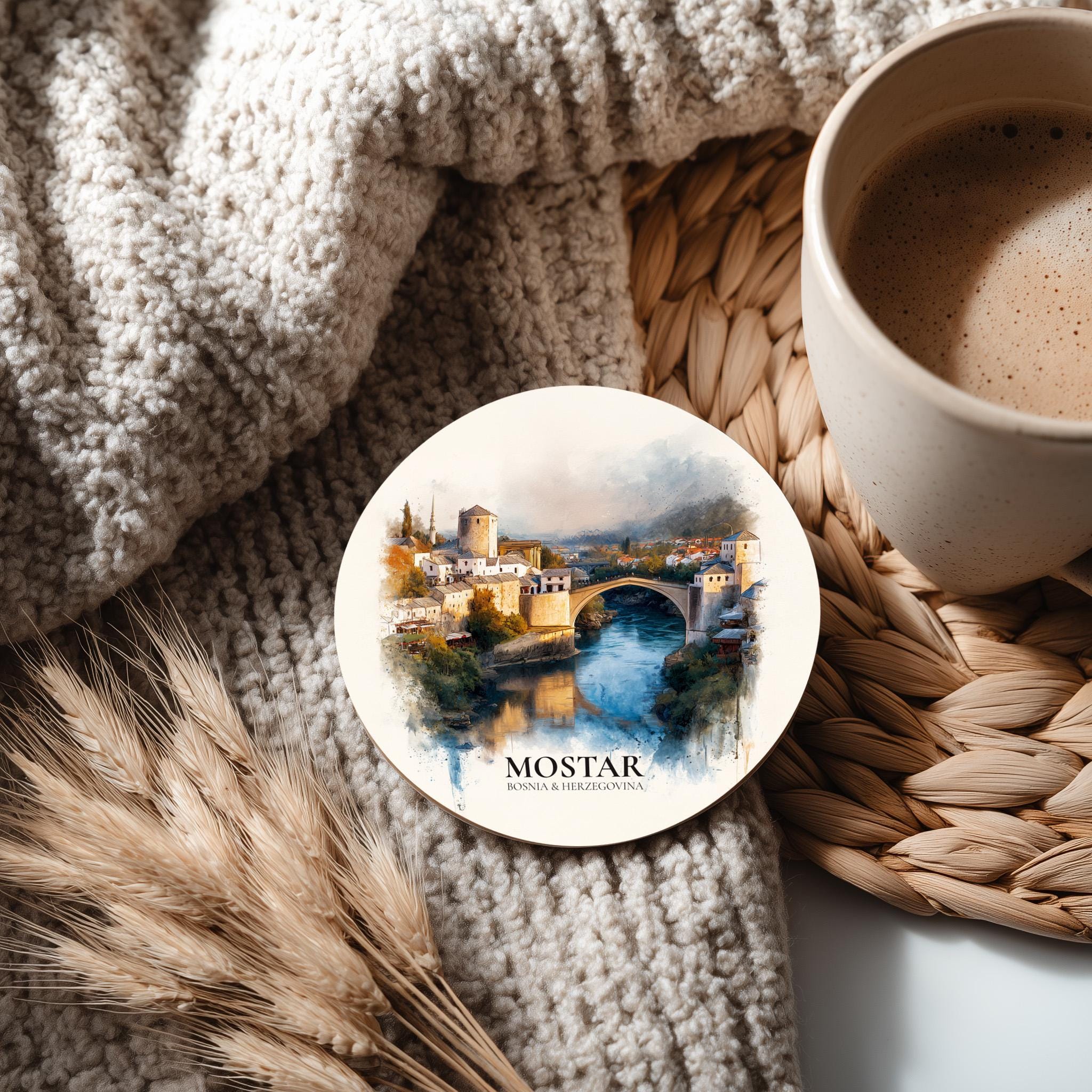 Mostar Bosnia and Herzegovina Coaster, Watercolor Personalized Painting, Travel Gift Souvenir, Home Decor, Ceramic Set