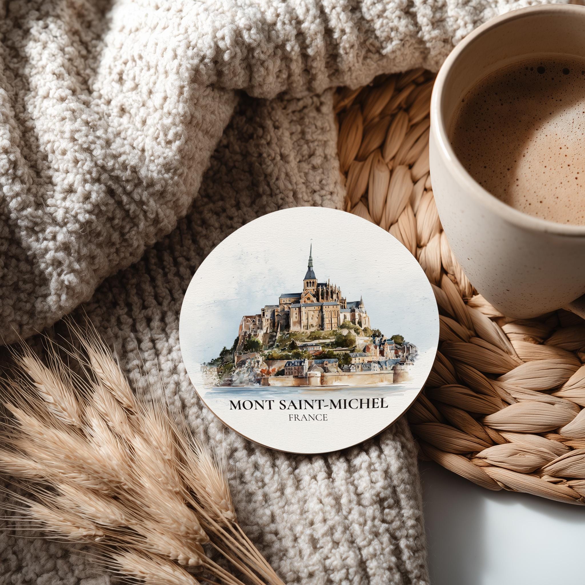 Mont Saint-Michel France Coaster, Watercolor Personalized Painting, Travel Gift Souvenir, Home Decor, Ceramic Set