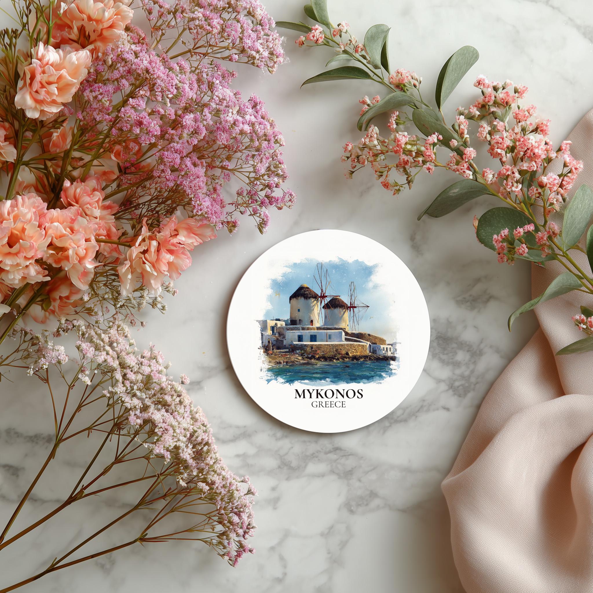 Mykonos Greece Coaster, Watercolor Personalized Painting, Travel Gift Souvenir, Home Decor, Ceramic Set