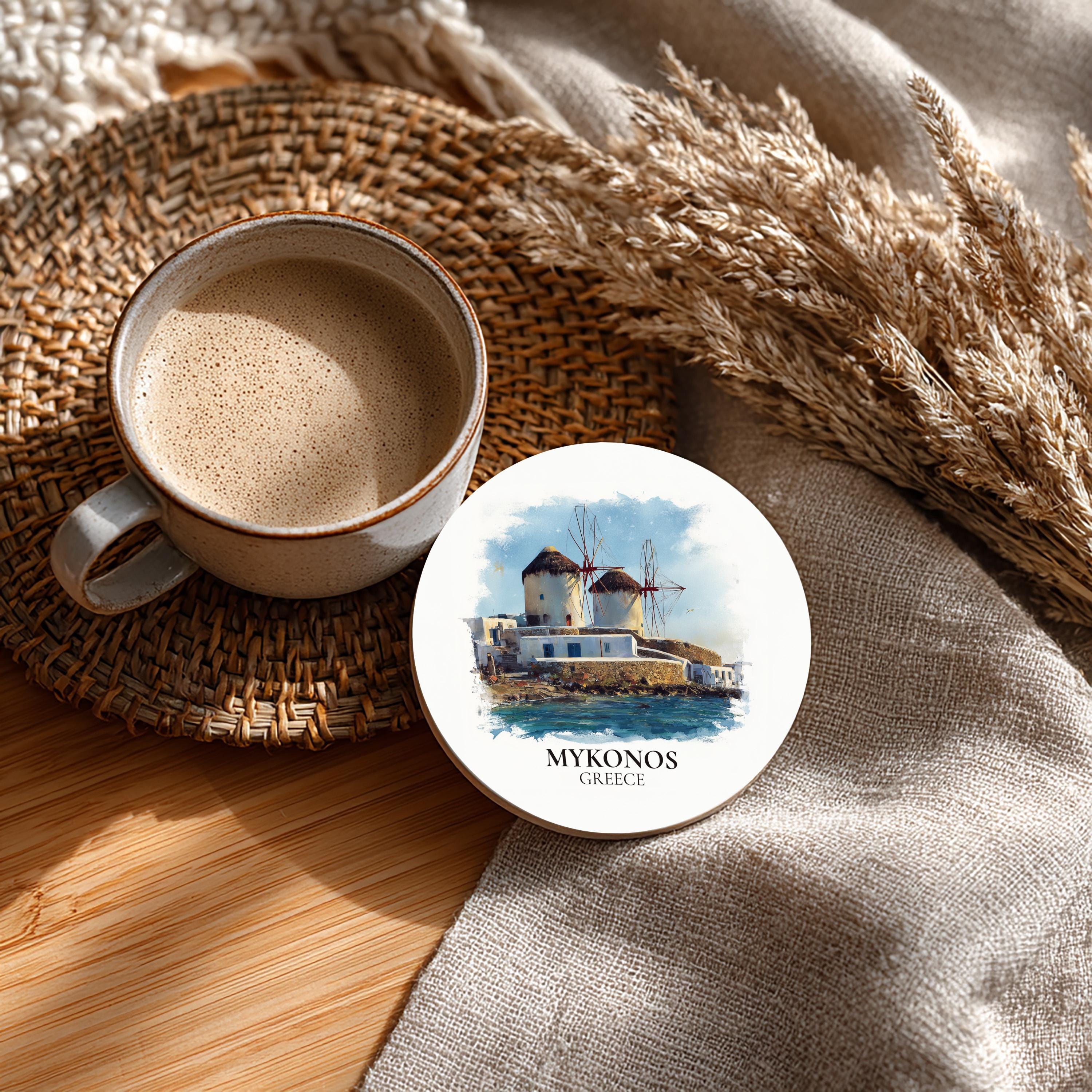 Mykonos Greece Coaster, Watercolor Personalized Painting, Travel Gift Souvenir, Home Decor, Ceramic Set