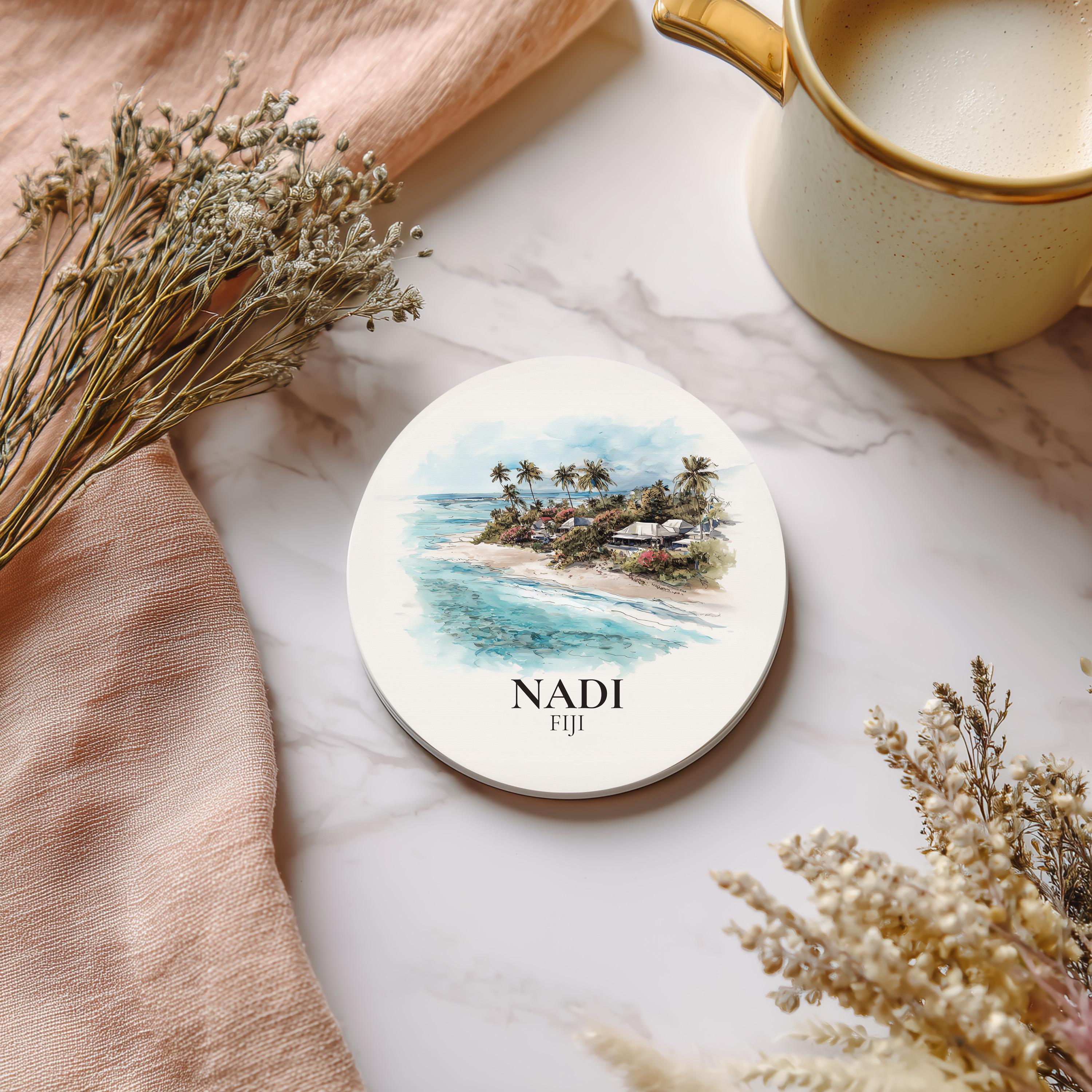 Nadi Fiji Coaster, Watercolor Personalized Painting, Travel Gift Souvenir, Home Decor, Ceramic Set
