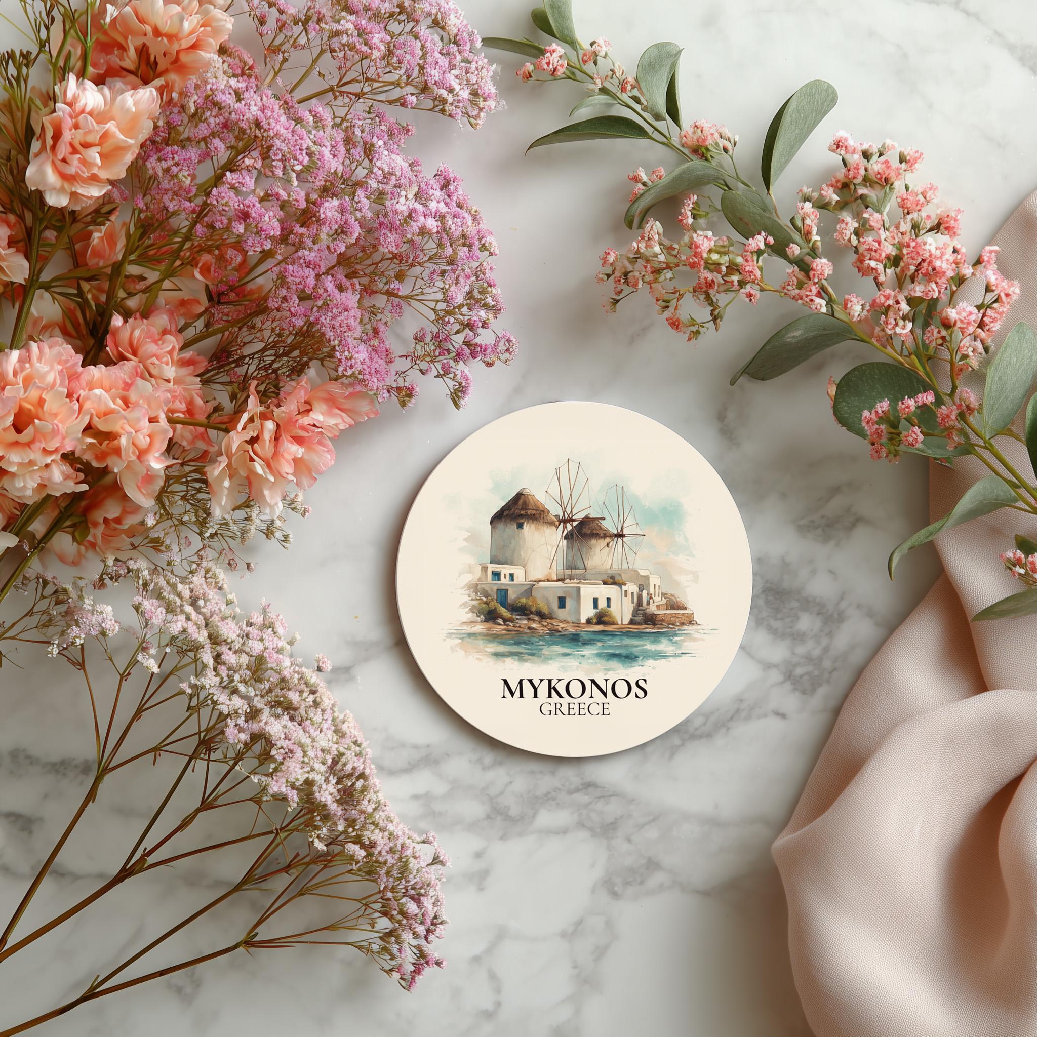 Mykonos Greece2 Coaster, Watercolor Personalized Painting, Travel Gift Souvenir, Home Decor, Ceramic Set