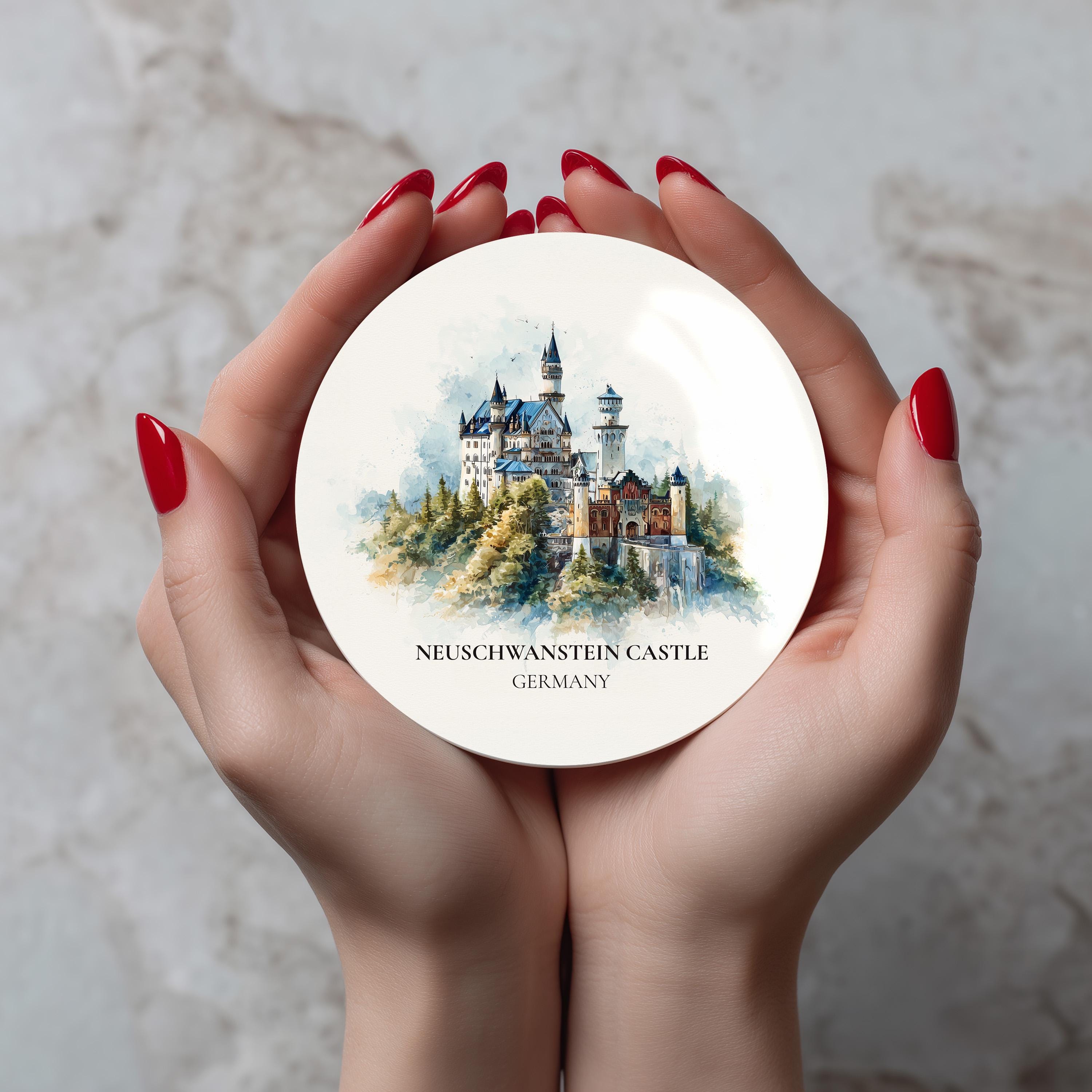 Neuschwanstein Castle Germany Coaster, Watercolor Personalized Painting, Travel Gift Souvenir, Home Decor, Ceramic Set