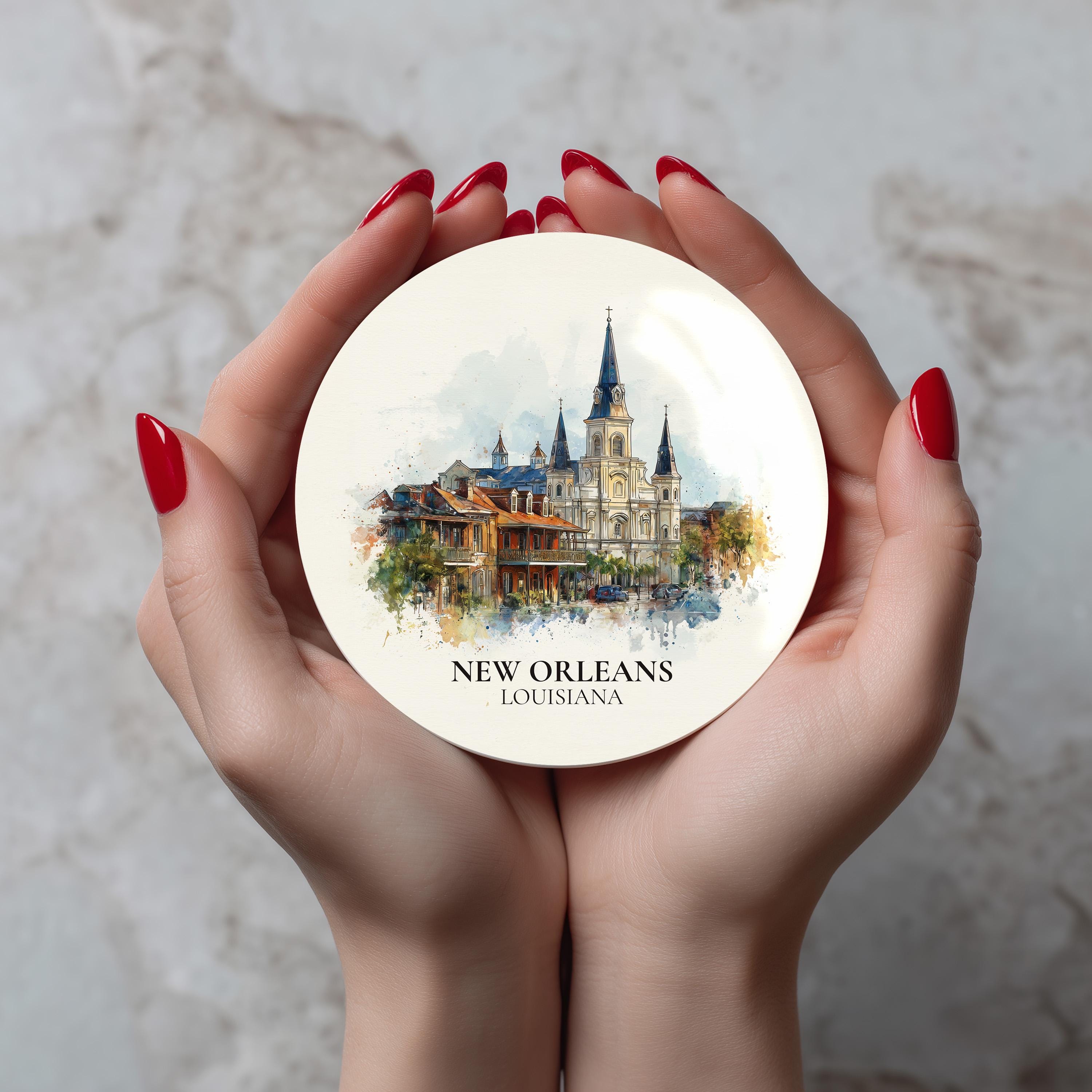 New Orleans Louisiana Coaster, Watercolor Personalized Painting, Travel Gift Souvenir, Home Decor, Ceramic Set