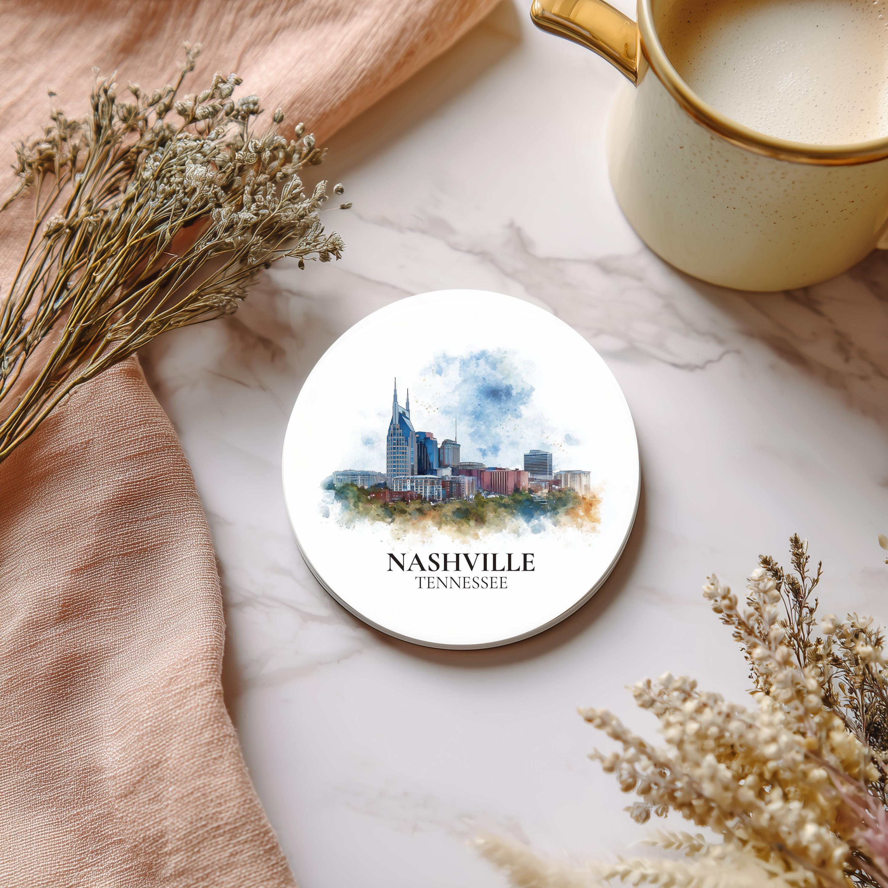Nashville Tennessee Coaster, Watercolor Personalized Painting, Travel Gift Souvenir, Home Decor, Ceramic Set