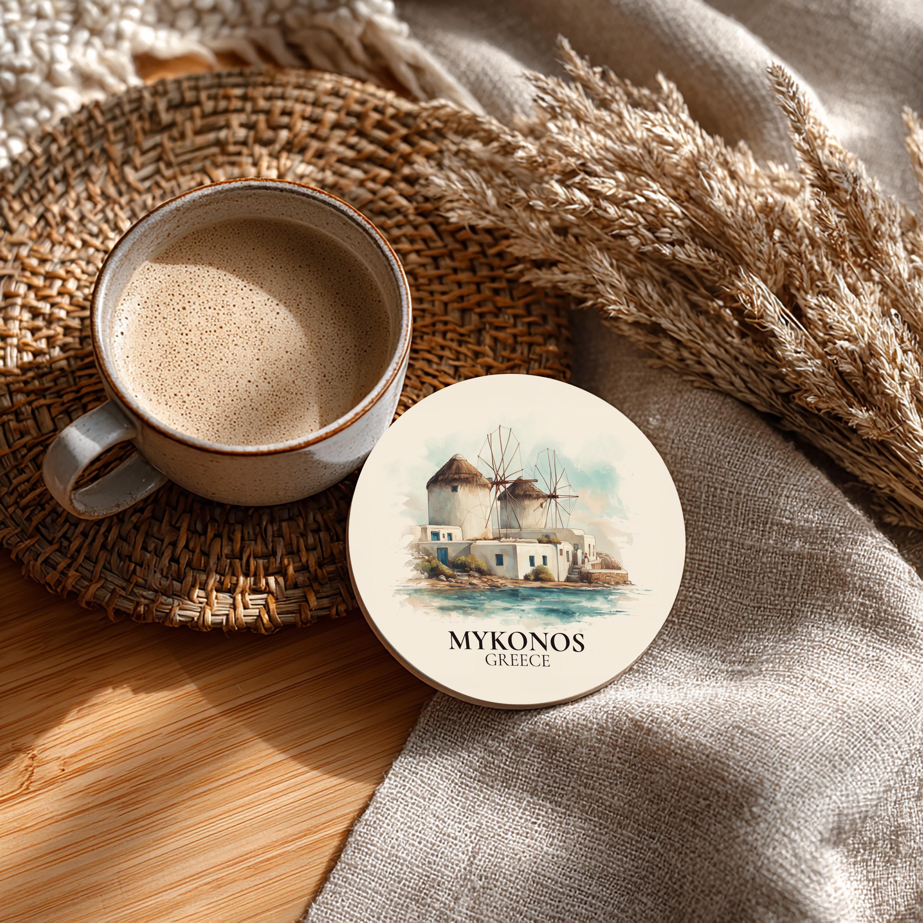 Mykonos Greece2 Coaster, Watercolor Personalized Painting, Travel Gift Souvenir, Home Decor, Ceramic Set