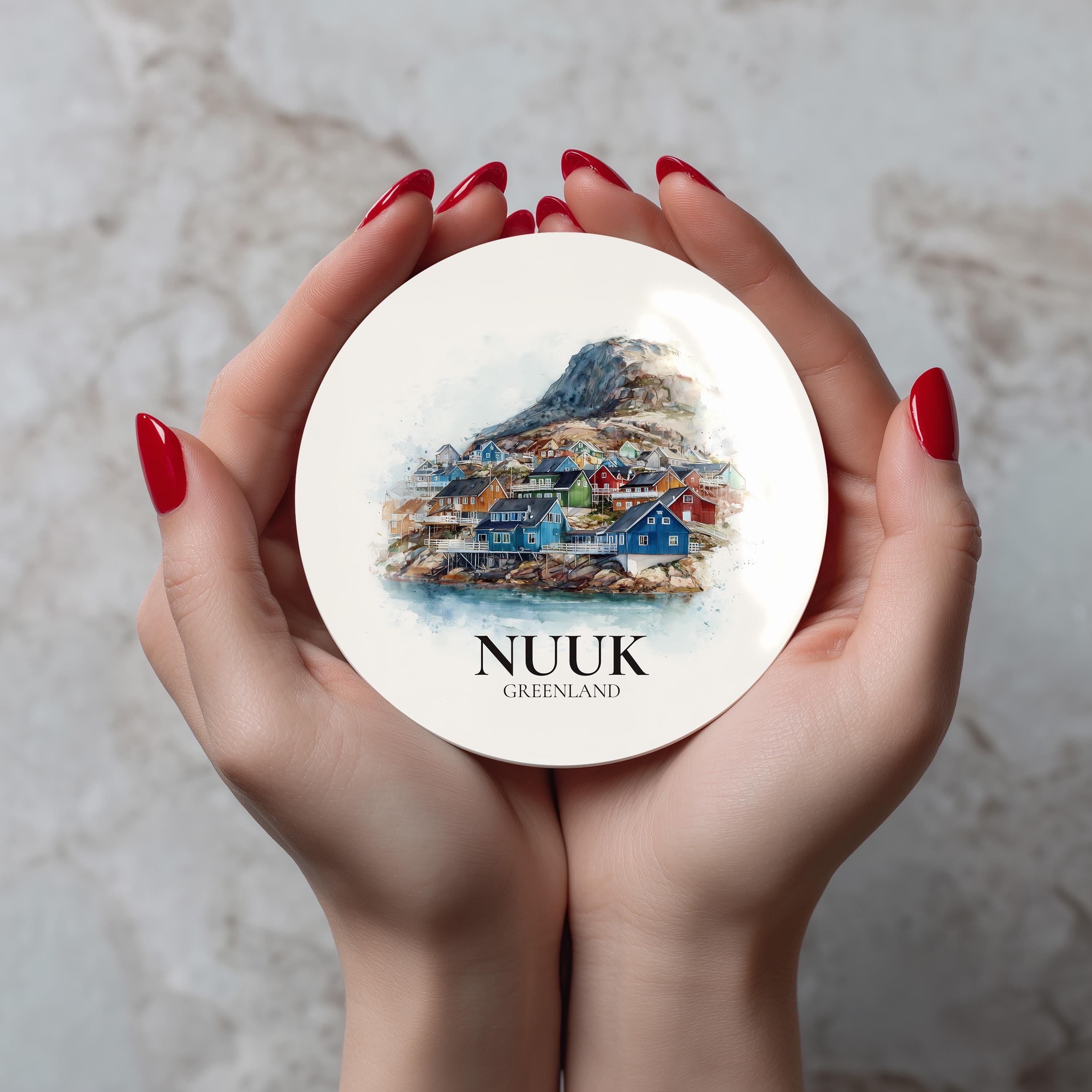 Nuuk Greenland Coaster, Watercolor Personalized Painting, Travel Gift Souvenir, Home Decor, Ceramic Set