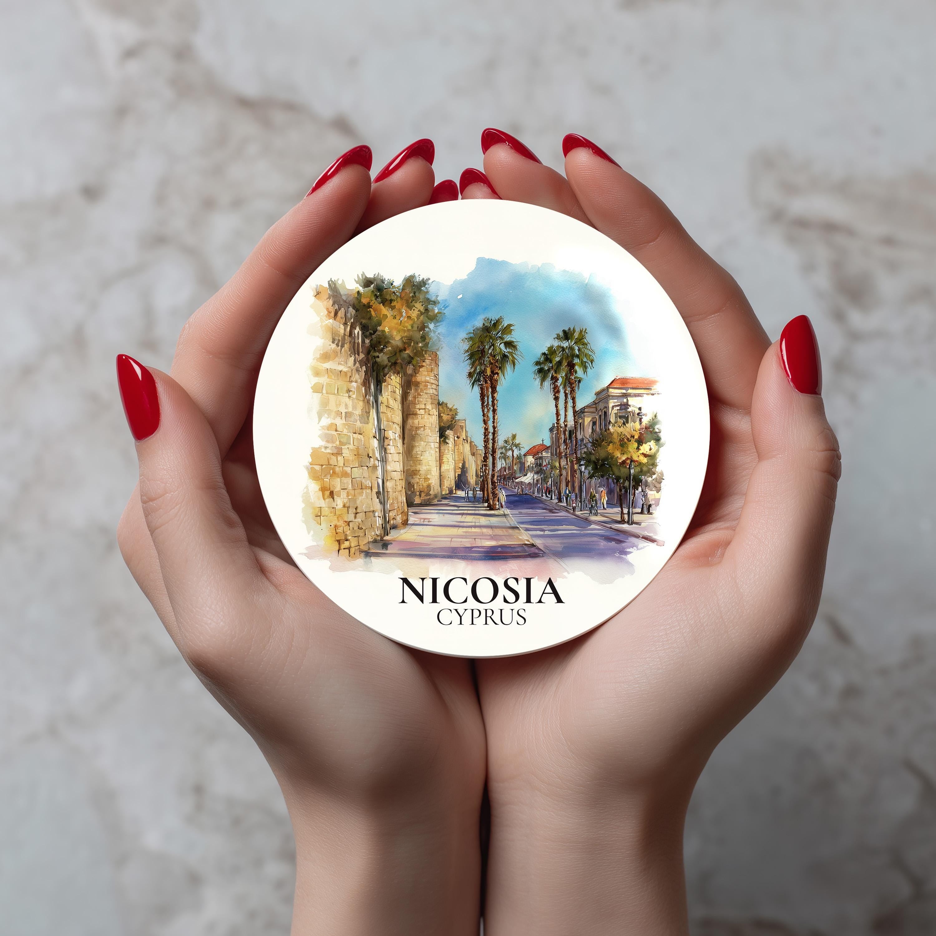 Nicosia Cyprus Coaster, Watercolor Personalized Painting, Travel Gift Souvenir, Home Decor, Ceramic Set