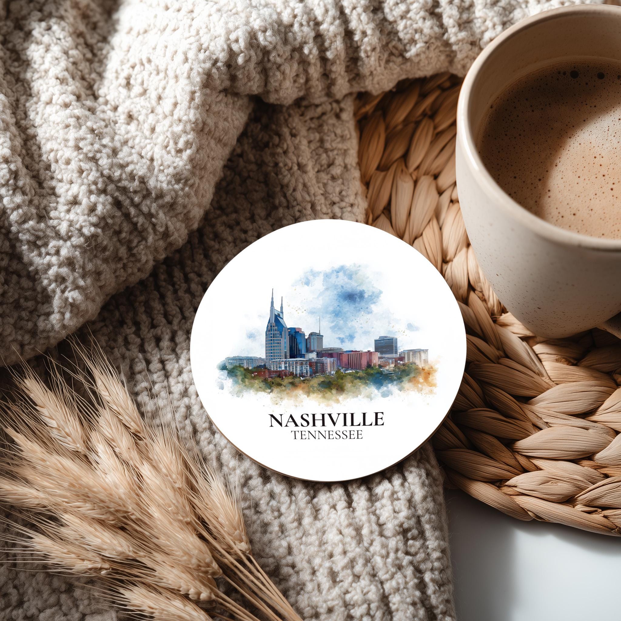 Nashville Tennessee Coaster, Watercolor Personalized Painting, Travel Gift Souvenir, Home Decor, Ceramic Set