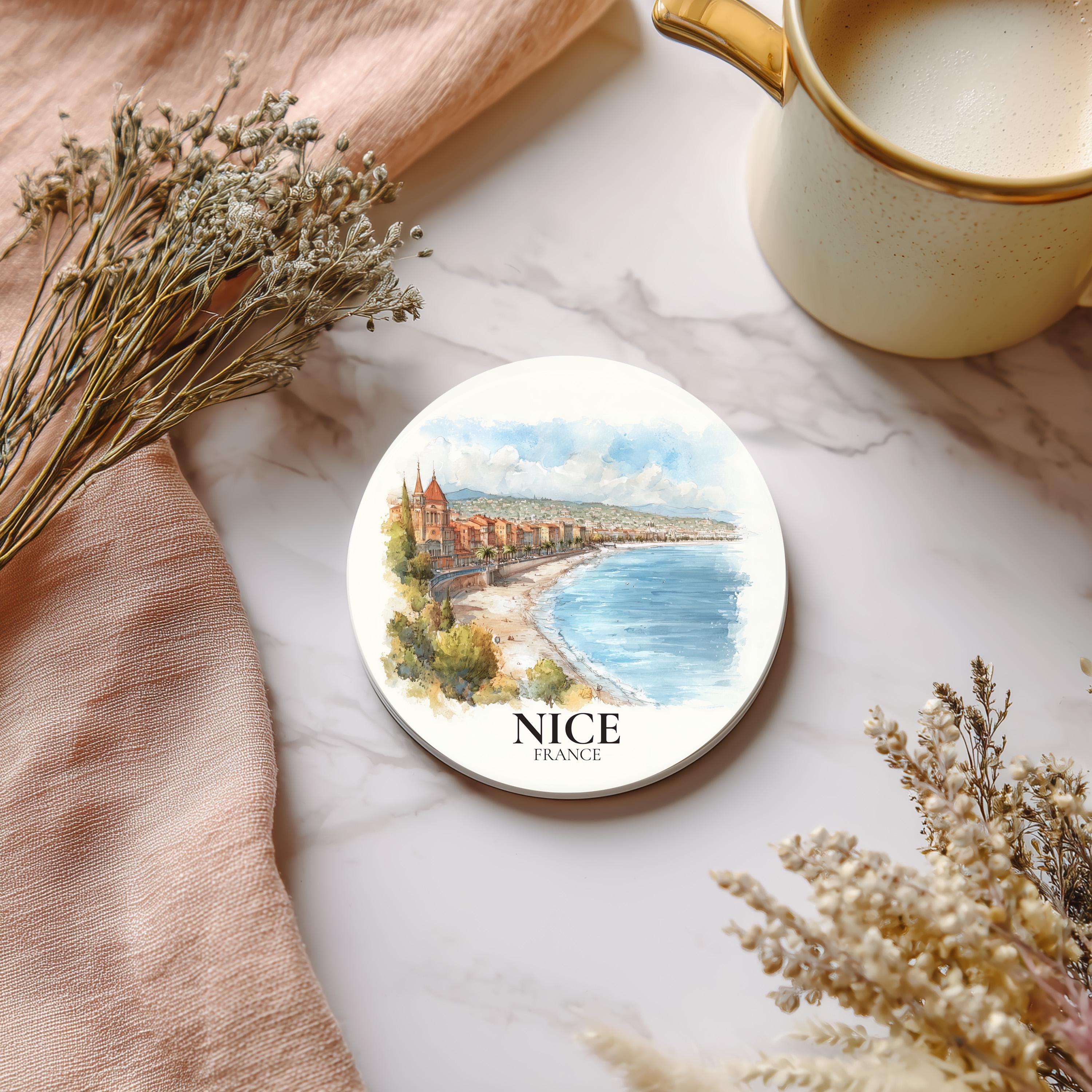 Nice France Coaster, Watercolor Personalized Painting, Travel Gift Souvenir, Home Decor, Ceramic Set