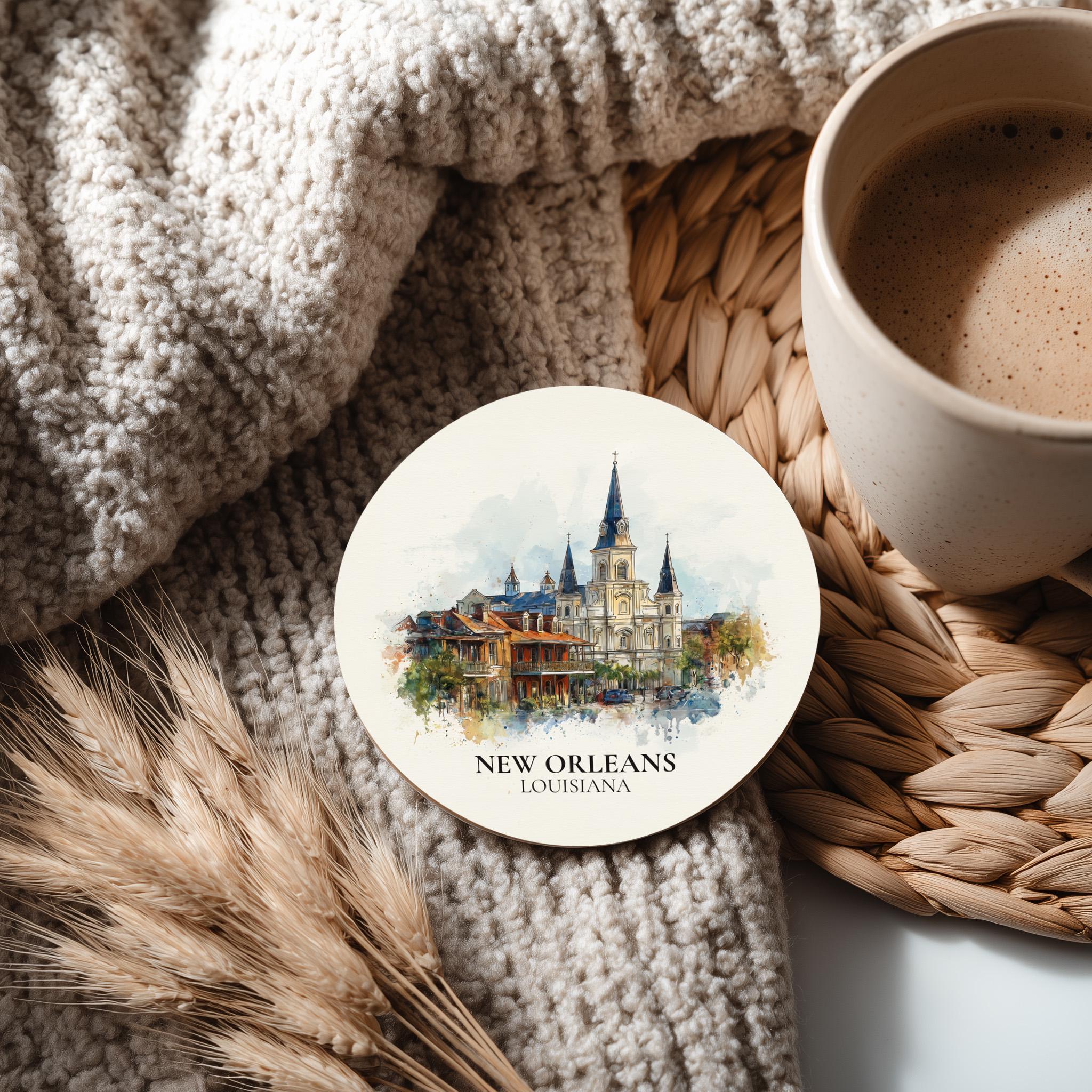 New Orleans Louisiana Coaster, Watercolor Personalized Painting, Travel Gift Souvenir, Home Decor, Ceramic Set