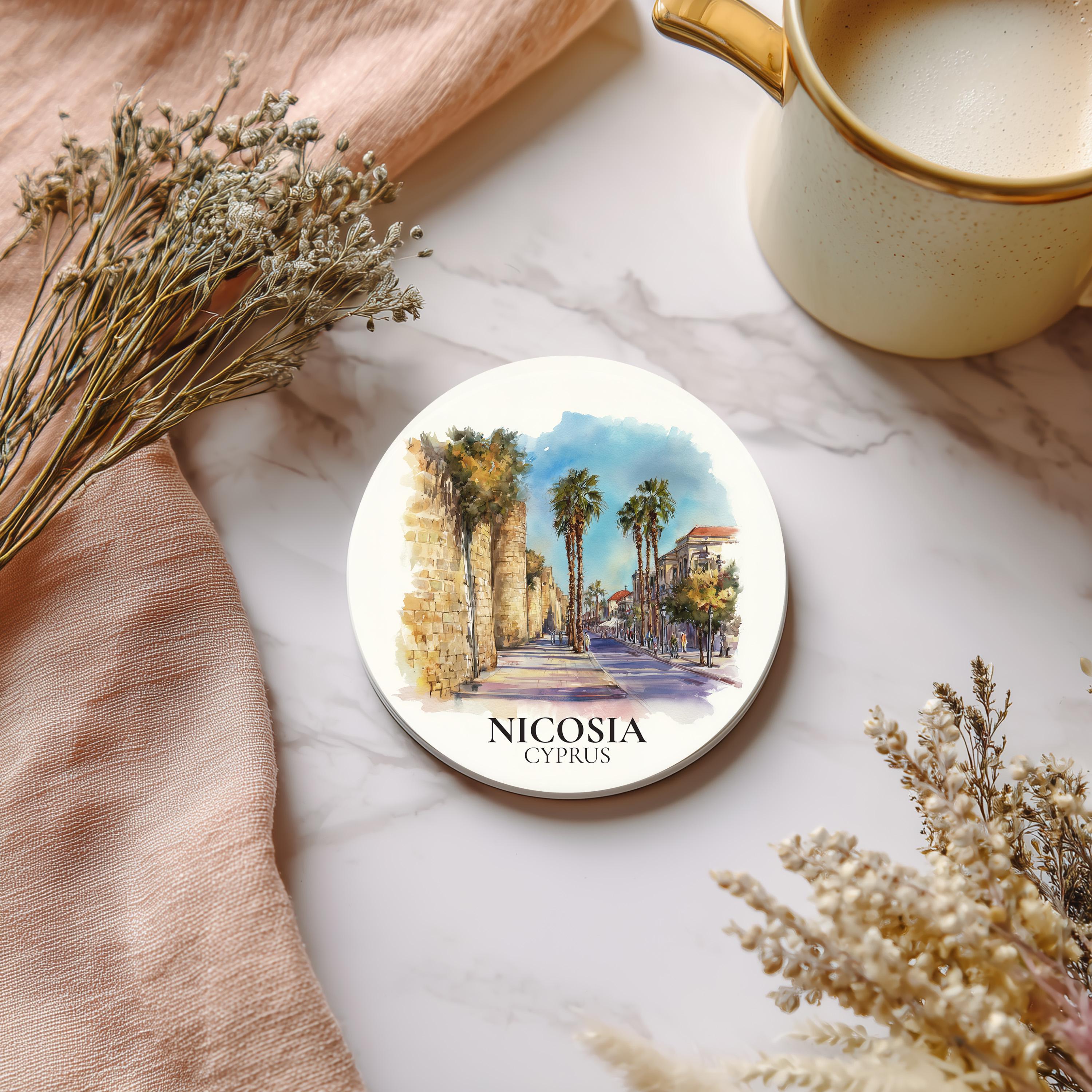 Nicosia Cyprus Coaster, Watercolor Personalized Painting, Travel Gift Souvenir, Home Decor, Ceramic Set