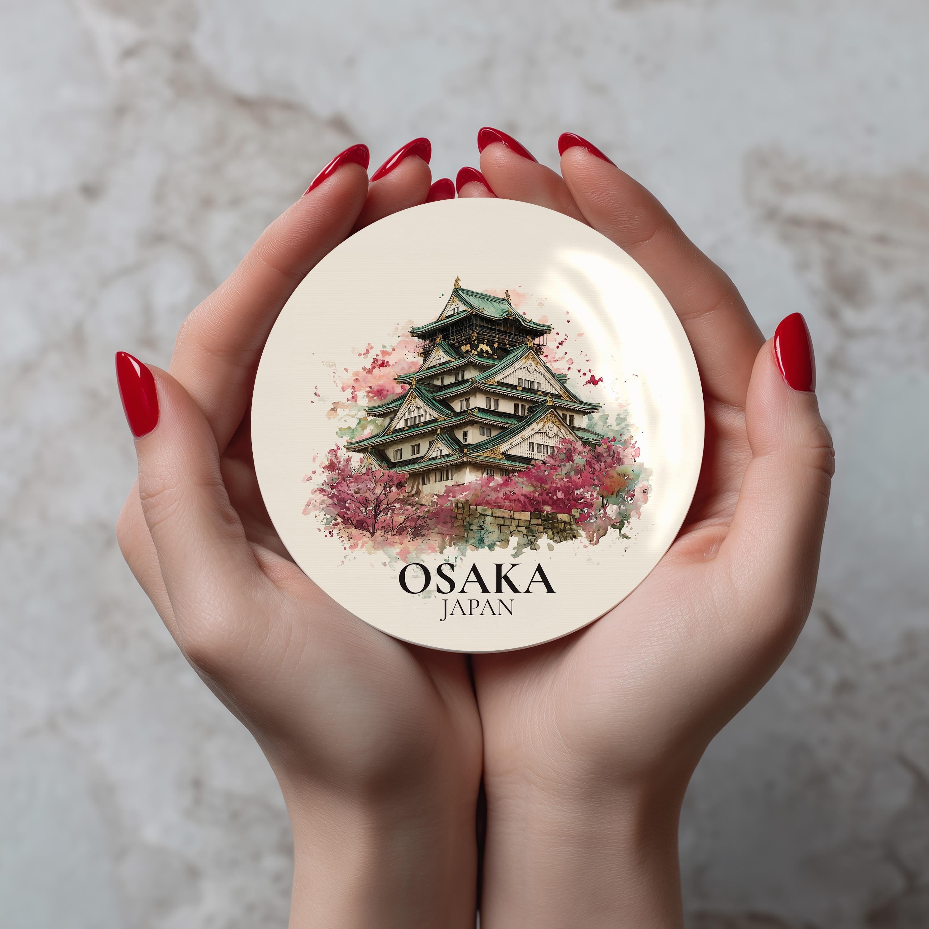 Osaka Japan Coaster, Watercolor Personalized Painting, Travel Gift Souvenir, Home Decor, Ceramic Set