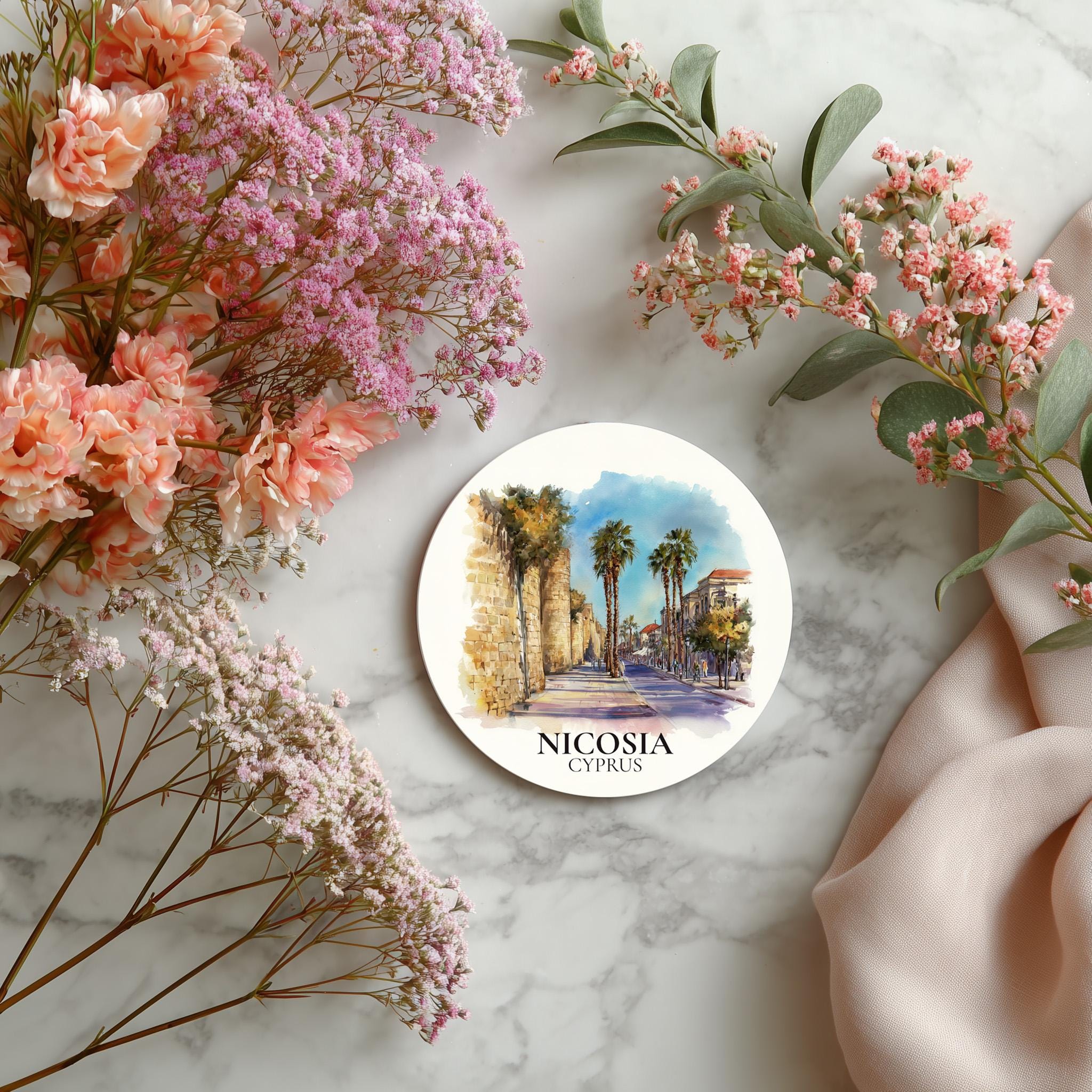 Nicosia Cyprus Coaster, Watercolor Personalized Painting, Travel Gift Souvenir, Home Decor, Ceramic Set
