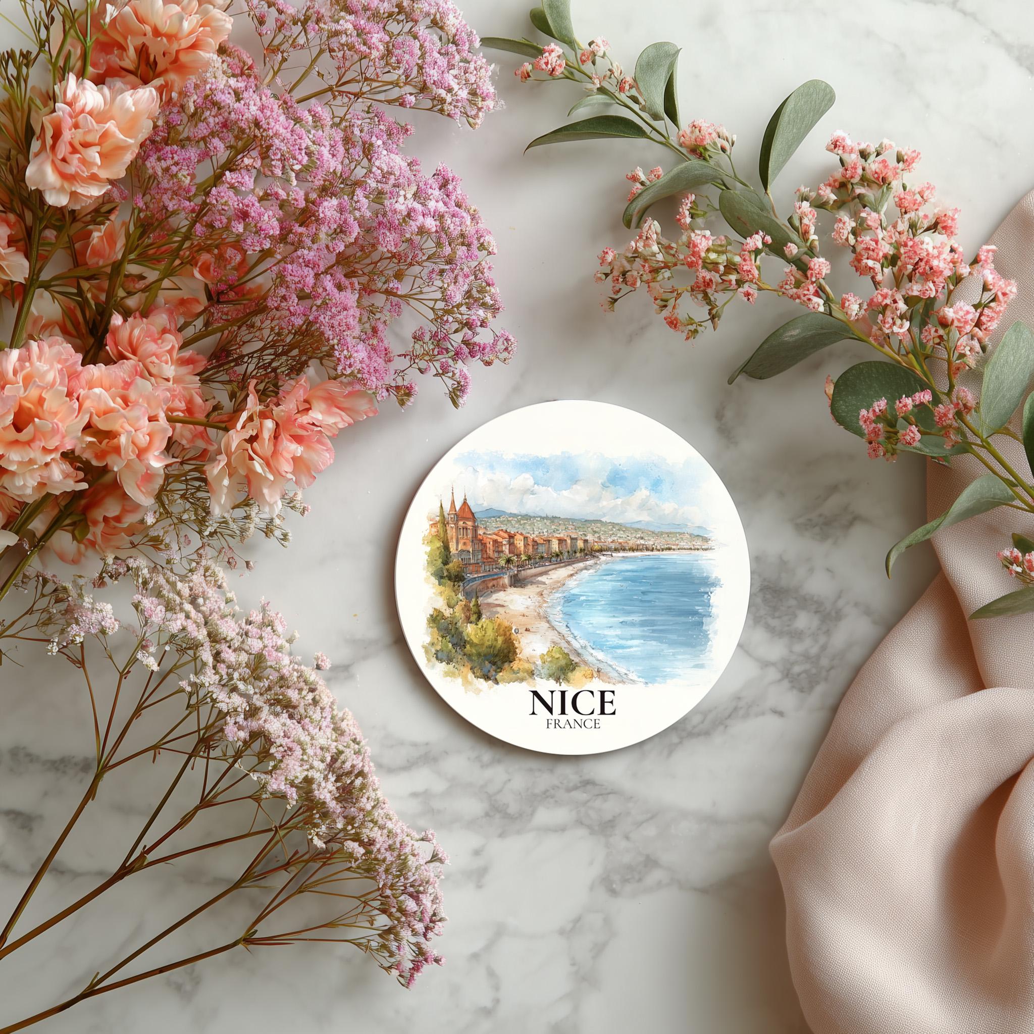 Nice France Coaster, Watercolor Personalized Painting, Travel Gift Souvenir, Home Decor, Ceramic Set