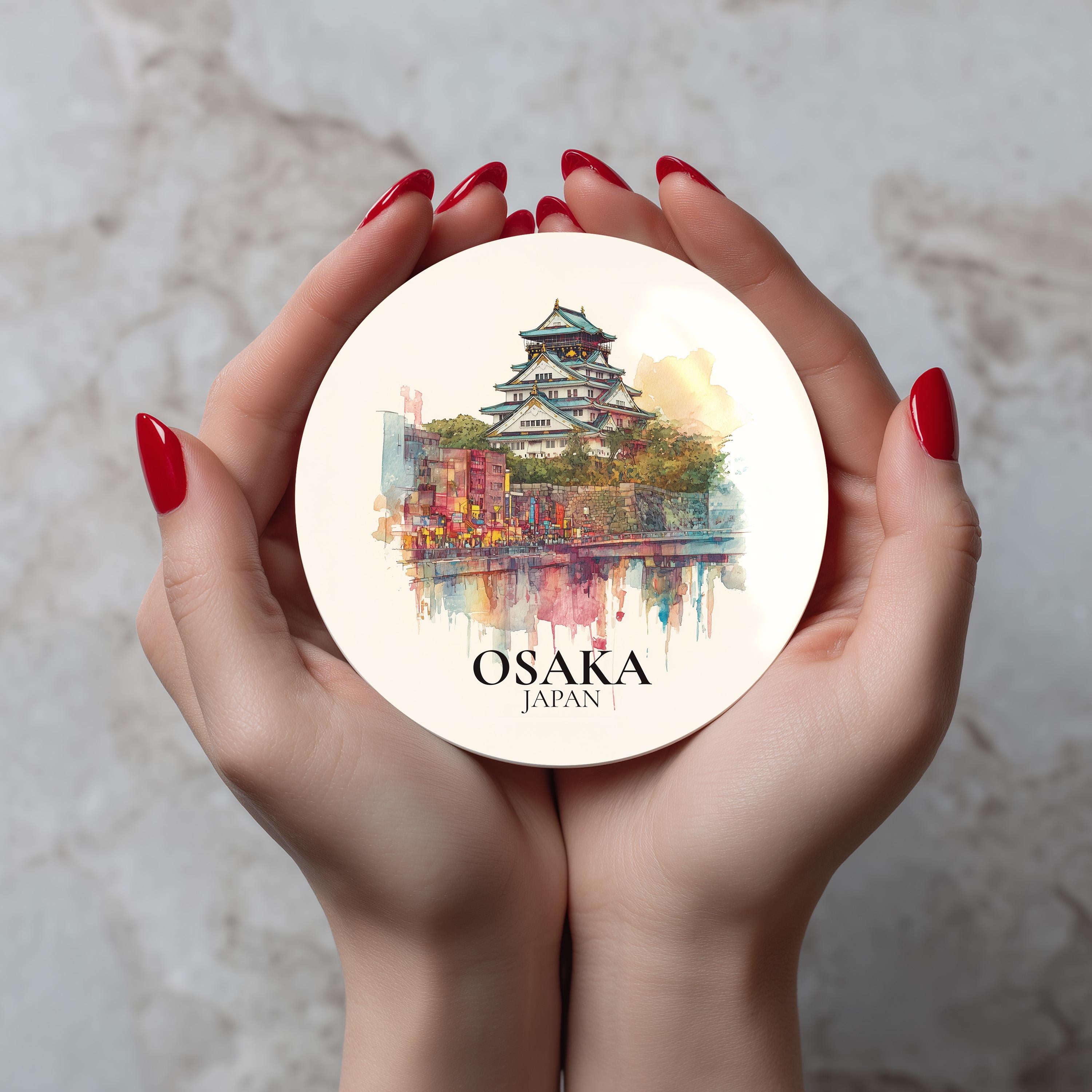 Osaka Japan2 Coaster, Watercolor Personalized Painting, Travel Gift Souvenir, Home Decor, Ceramic Set
