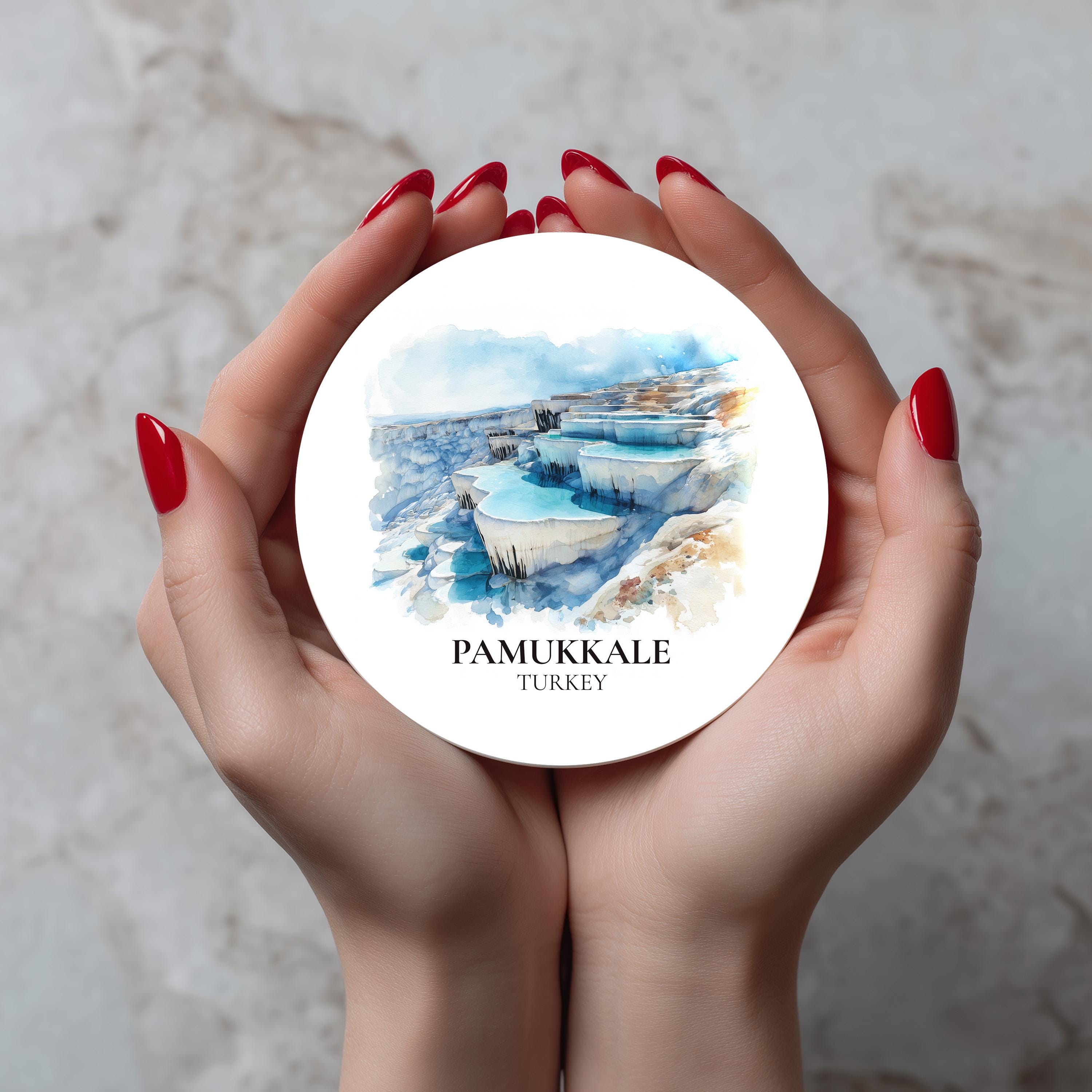 Pamukkale Turkey Coaster, Watercolor Personalized Painting, Travel Gift Souvenir, Home Decor, Ceramic Set