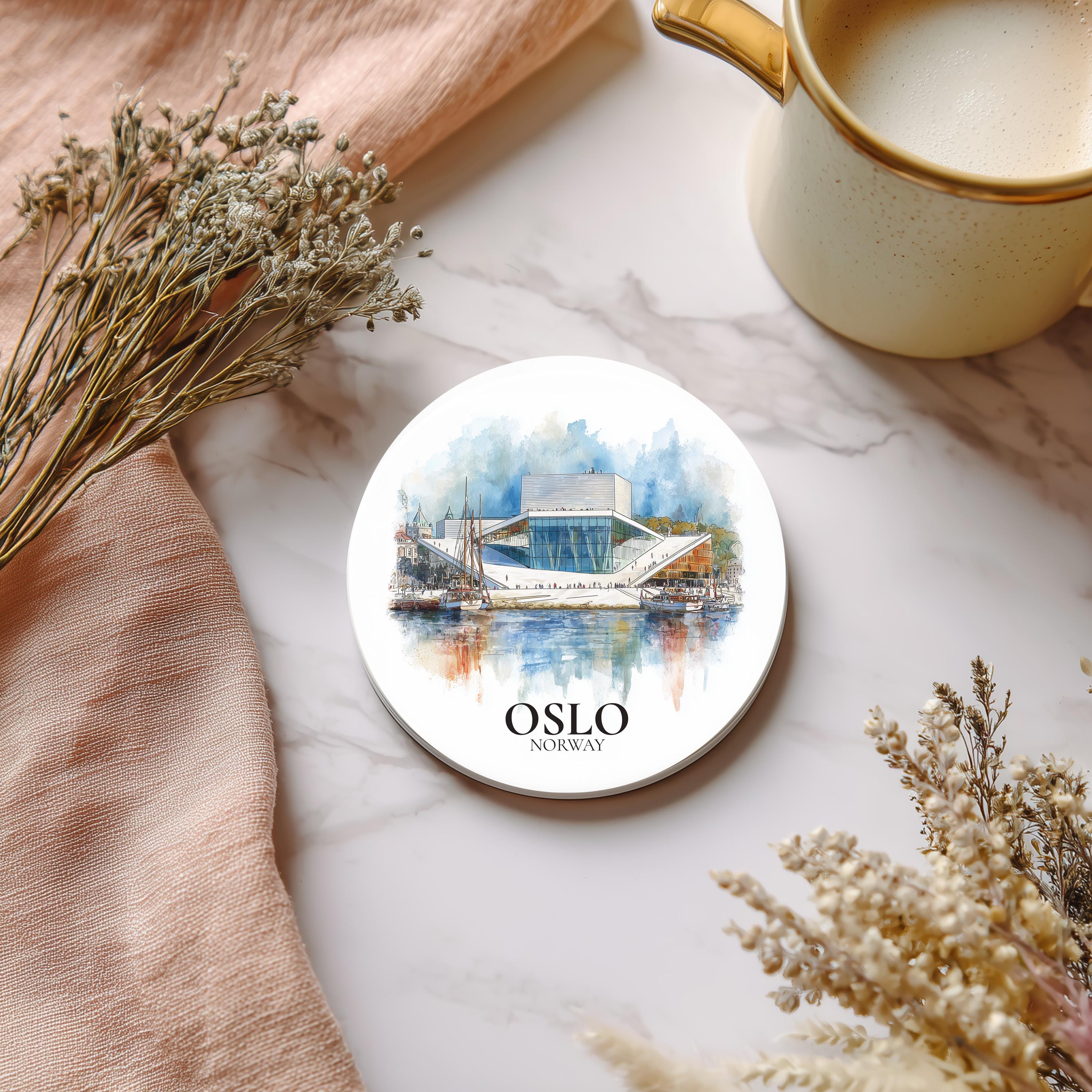 Oslo Norway Coaster, Watercolor Personalized Painting, Travel Gift Souvenir, Home Decor, Ceramic Set
