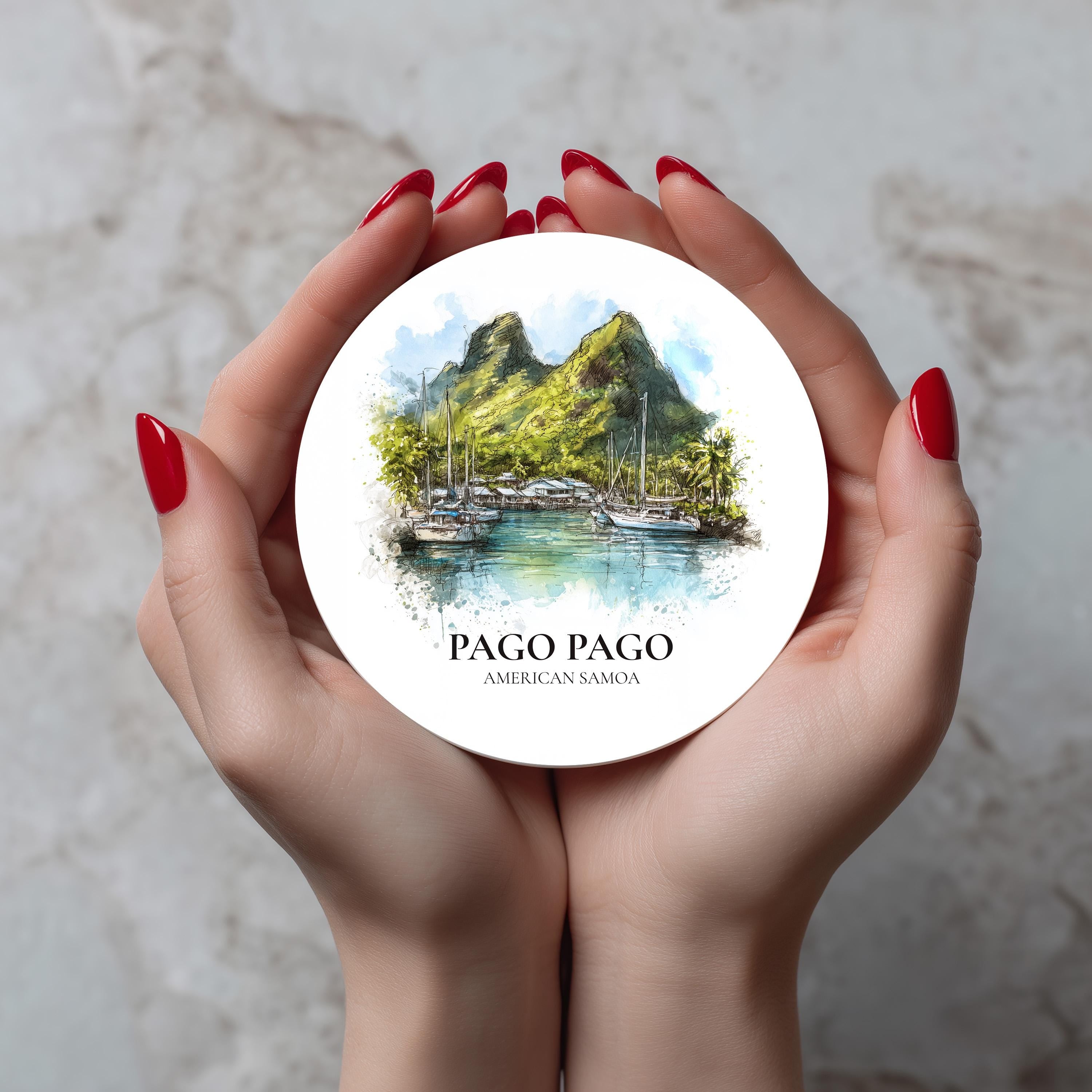 Pago Pago American Samoa Coaster, Watercolor Personalized Painting, Travel Gift Souvenir, Home Decor, Ceramic Set