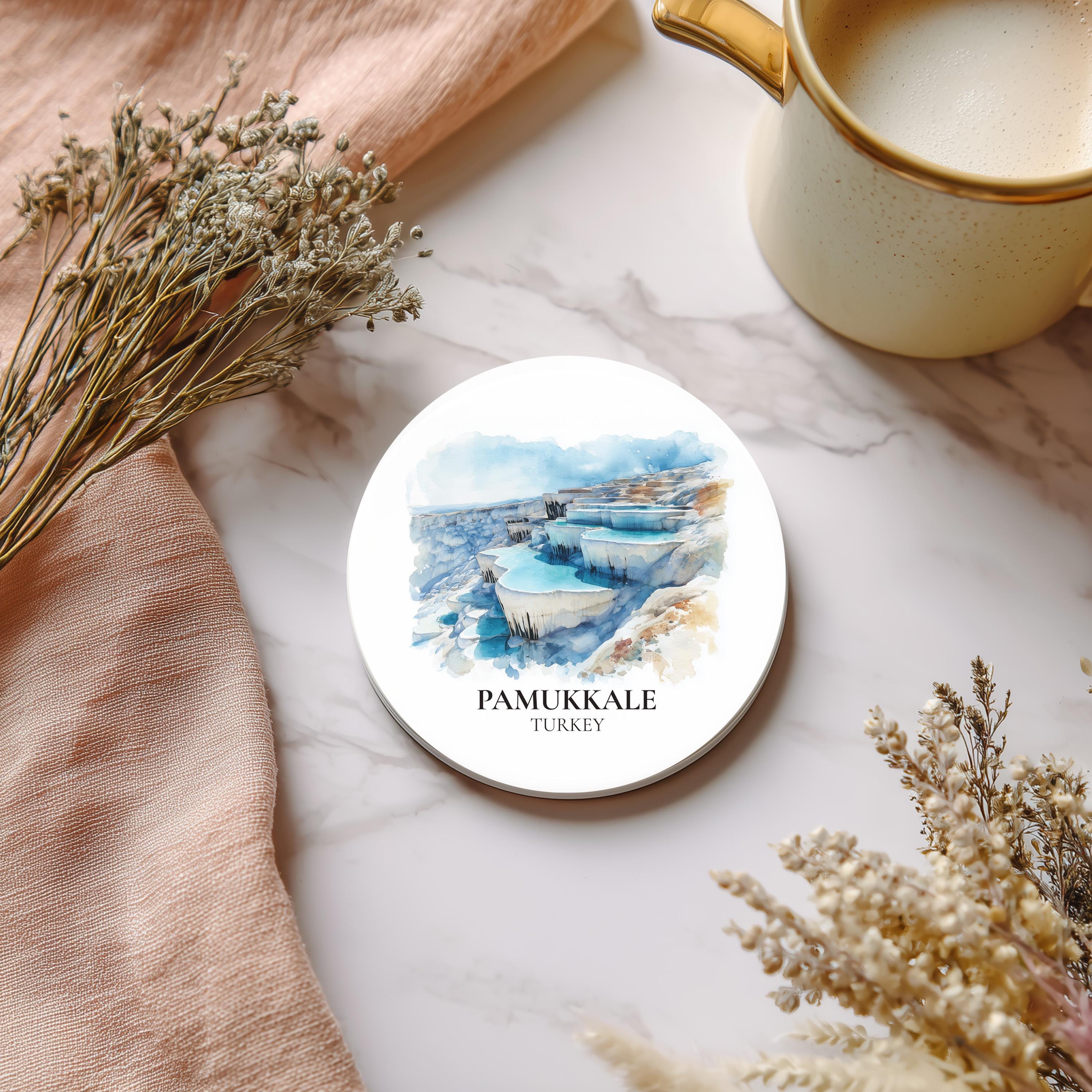 Pamukkale Turkey Coaster, Watercolor Personalized Painting, Travel Gift Souvenir, Home Decor, Ceramic Set