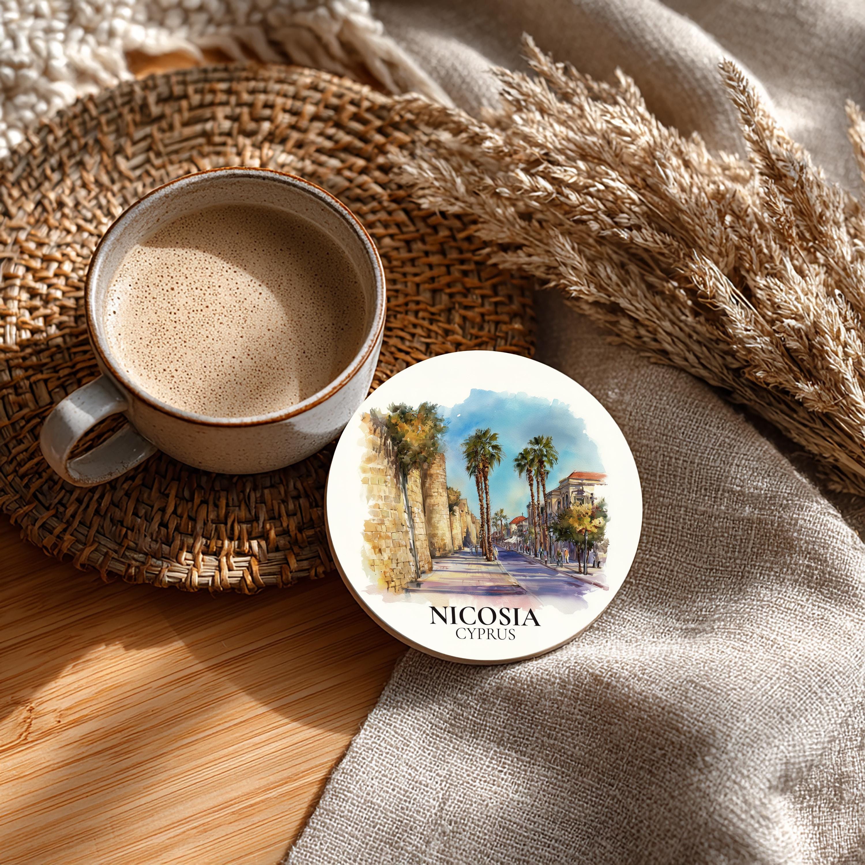 Nicosia Cyprus Coaster, Watercolor Personalized Painting, Travel Gift Souvenir, Home Decor, Ceramic Set