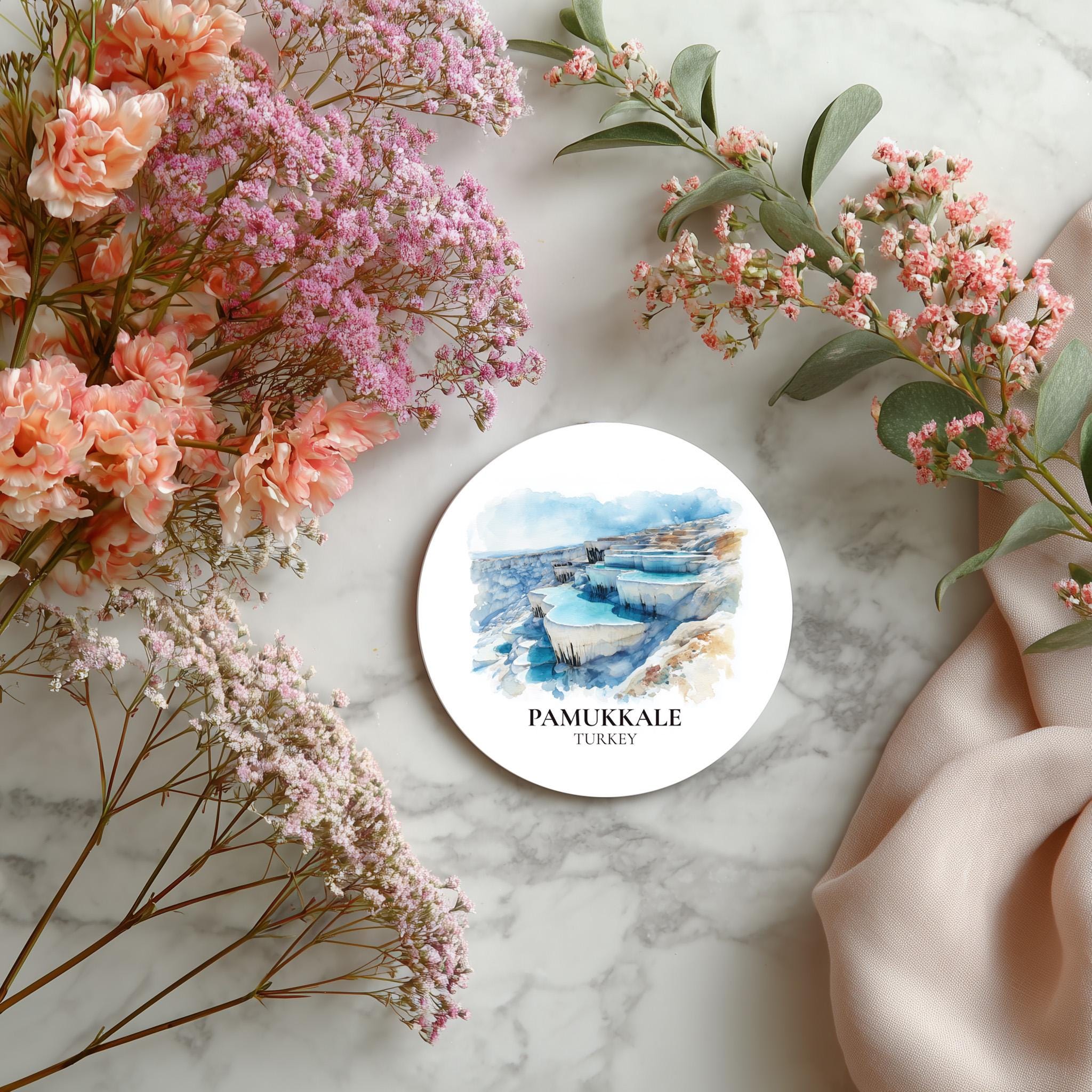 Pamukkale Turkey Coaster, Watercolor Personalized Painting, Travel Gift Souvenir, Home Decor, Ceramic Set