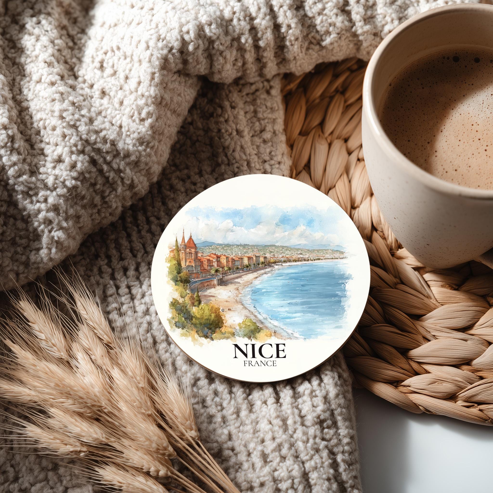 Nice France Coaster, Watercolor Personalized Painting, Travel Gift Souvenir, Home Decor, Ceramic Set