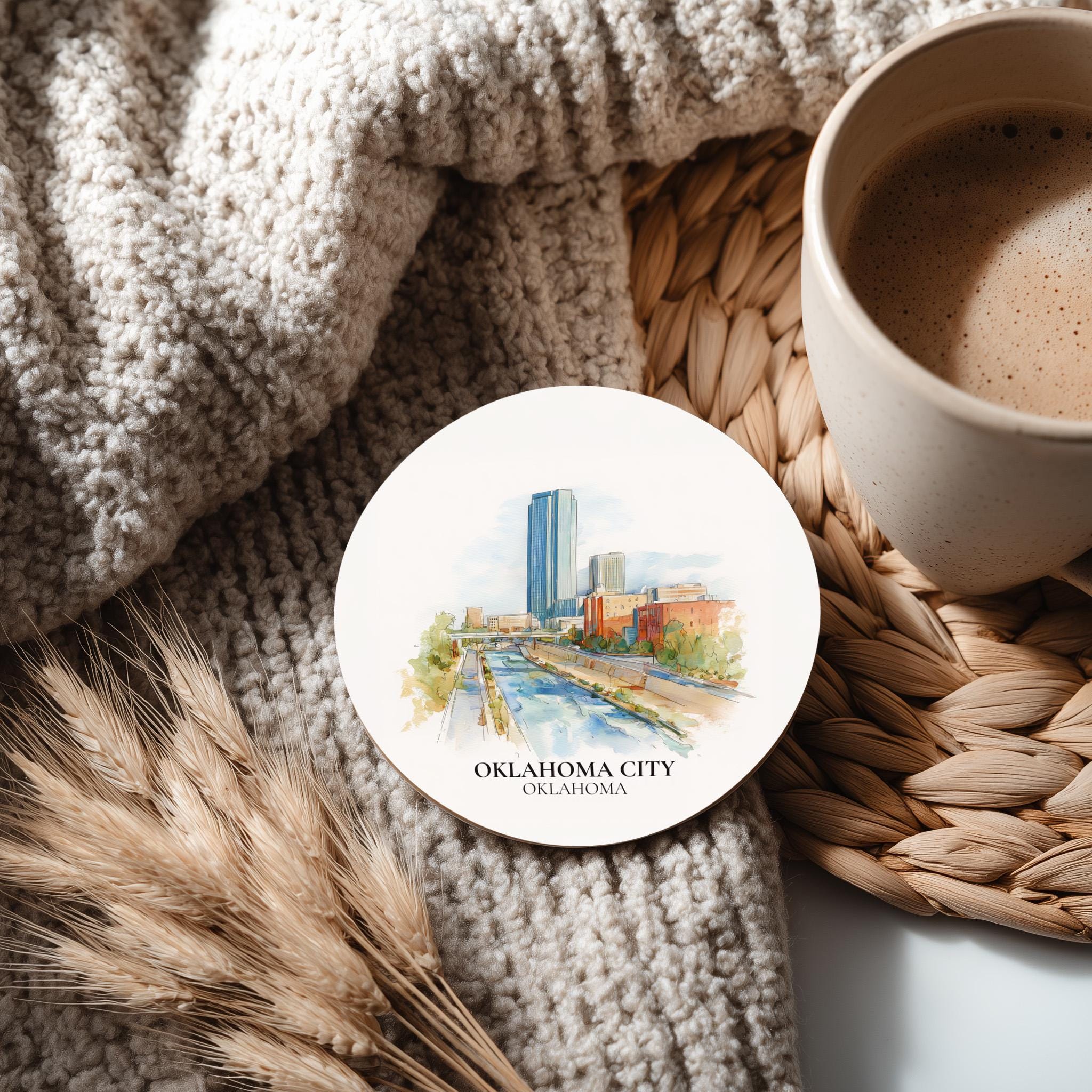 Oklahoma City Oklahoma Coaster, Watercolor Personalized Painting, Travel Gift Souvenir, Home Decor, Ceramic Set