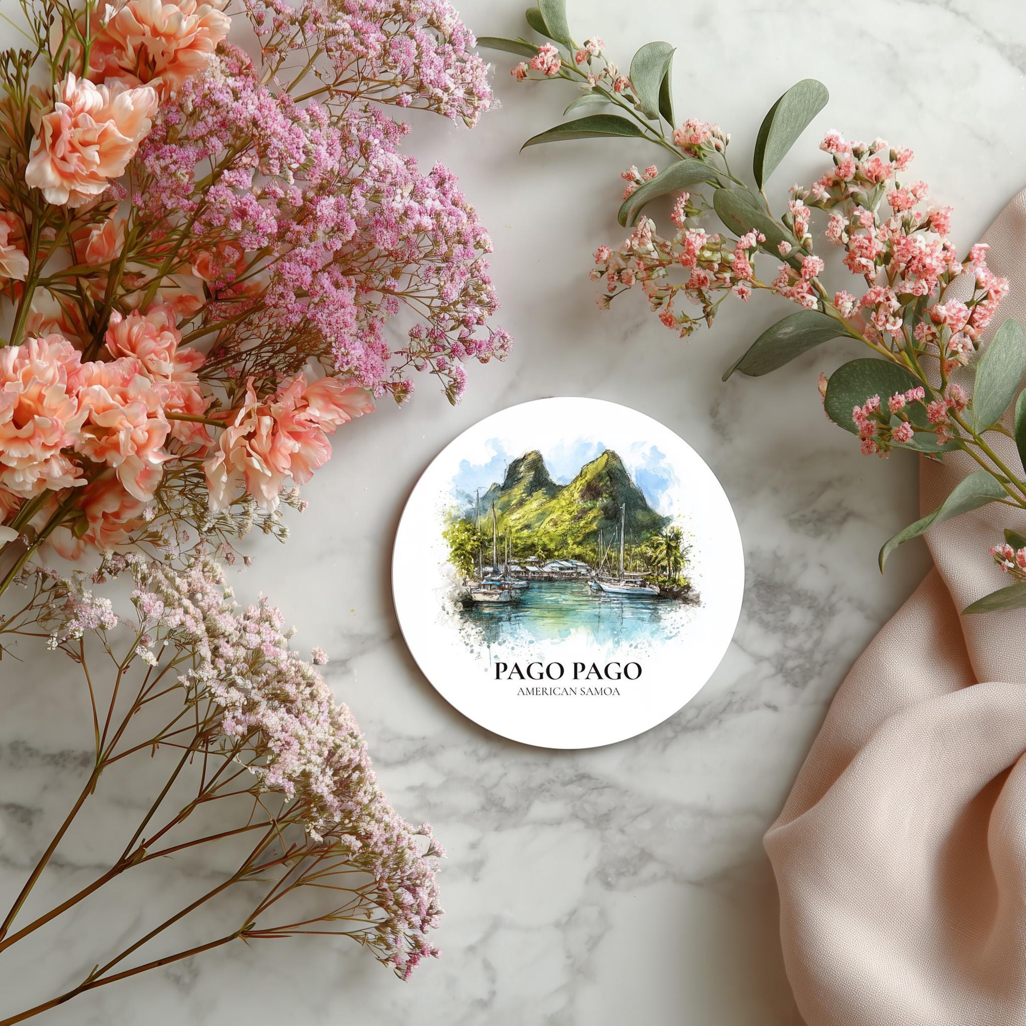 Pago Pago American Samoa Coaster, Watercolor Personalized Painting, Travel Gift Souvenir, Home Decor, Ceramic Set