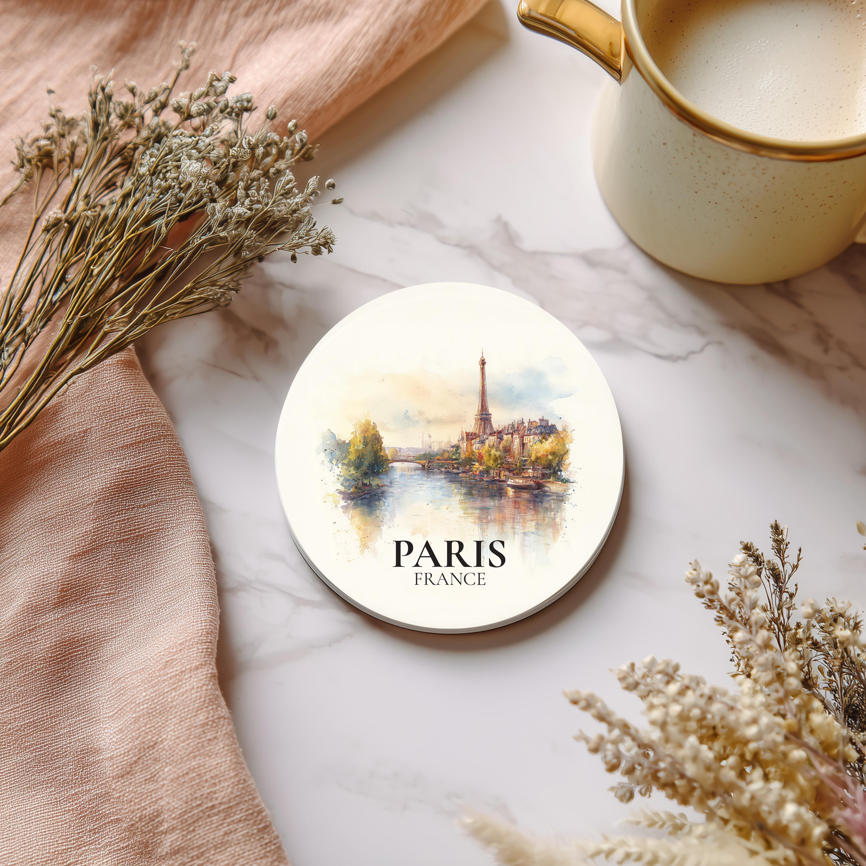 Paris France Coaster, Watercolor Personalized Painting, Travel Gift Souvenir, Home Decor, Ceramic Set