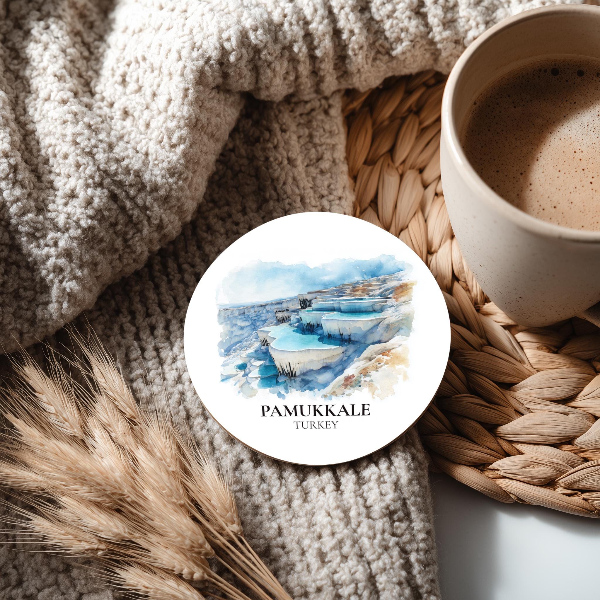 Pamukkale Turkey Coaster, Watercolor Personalized Painting, Travel Gift Souvenir, Home Decor, Ceramic Set
