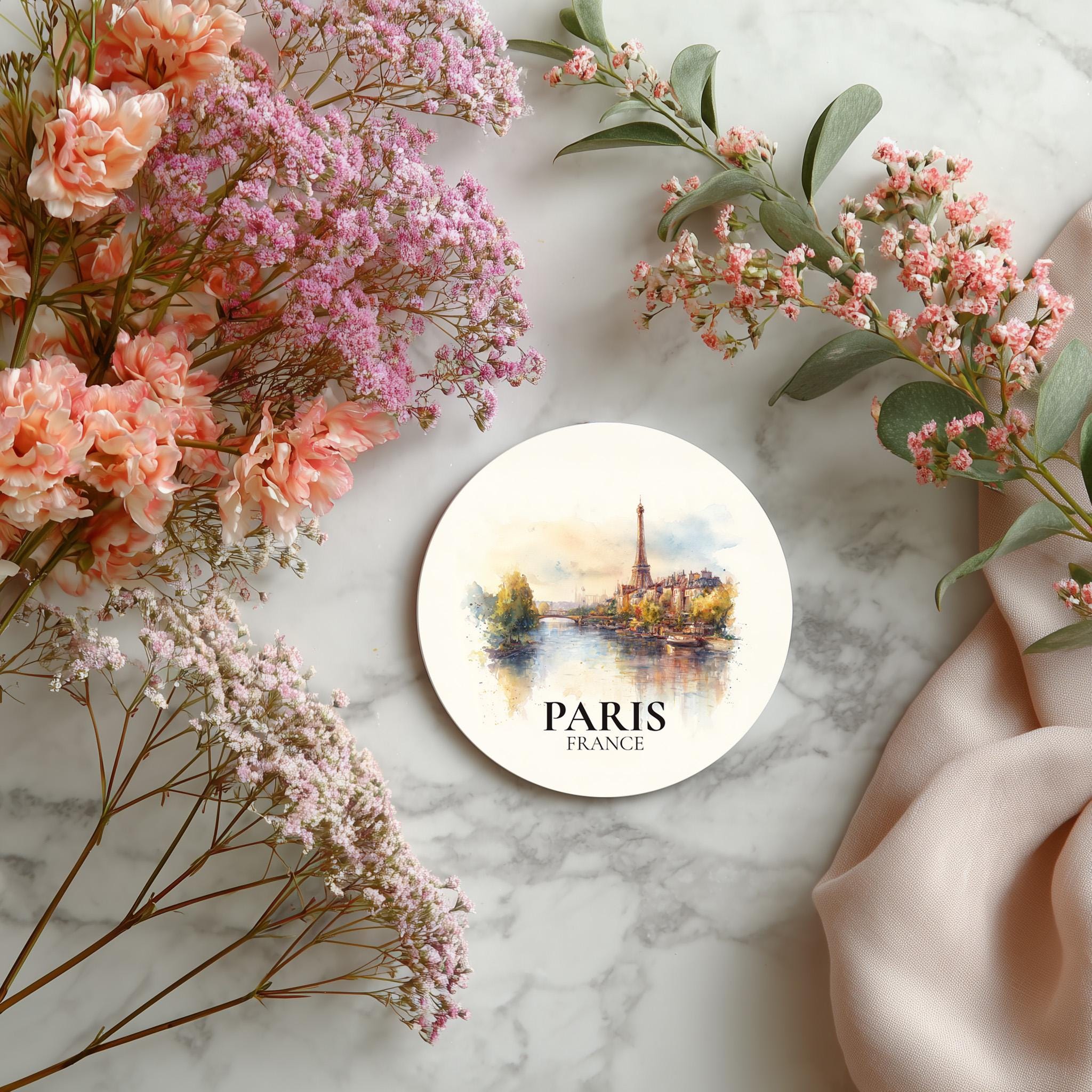 Paris France Coaster, Watercolor Personalized Painting, Travel Gift Souvenir, Home Decor, Ceramic Set