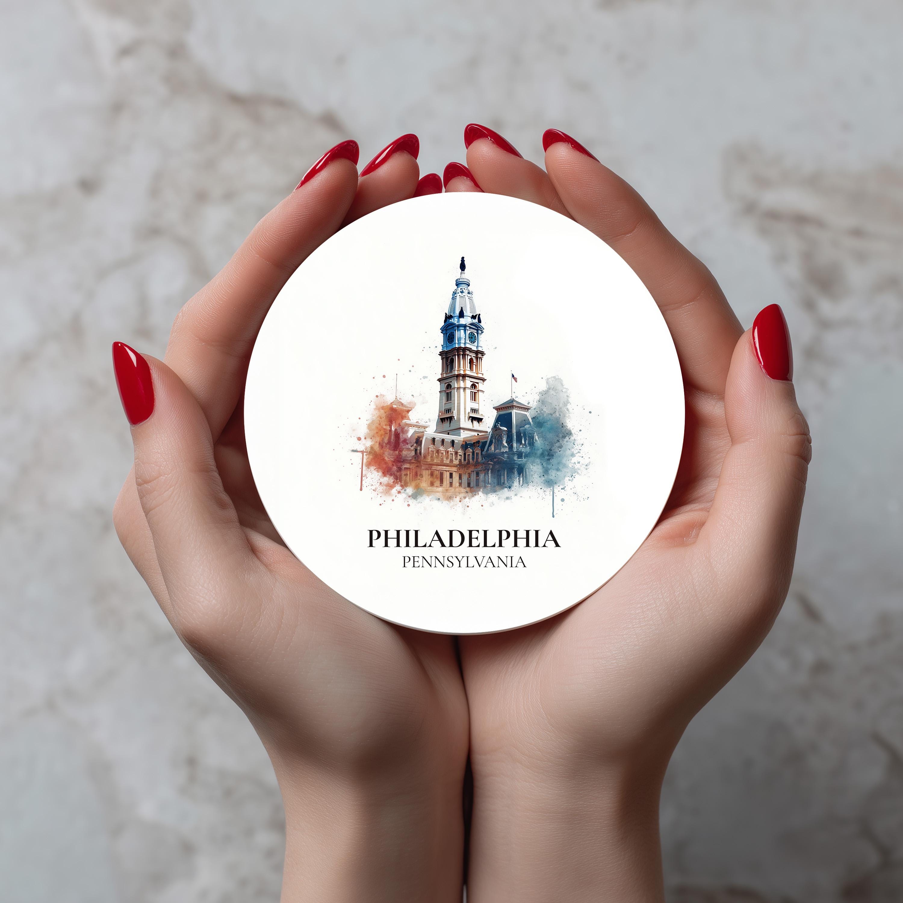 Philadelphia Pennsylvania Coaster, Watercolor Personalized Painting, Travel Gift Souvenir, Home Decor, Ceramic Set