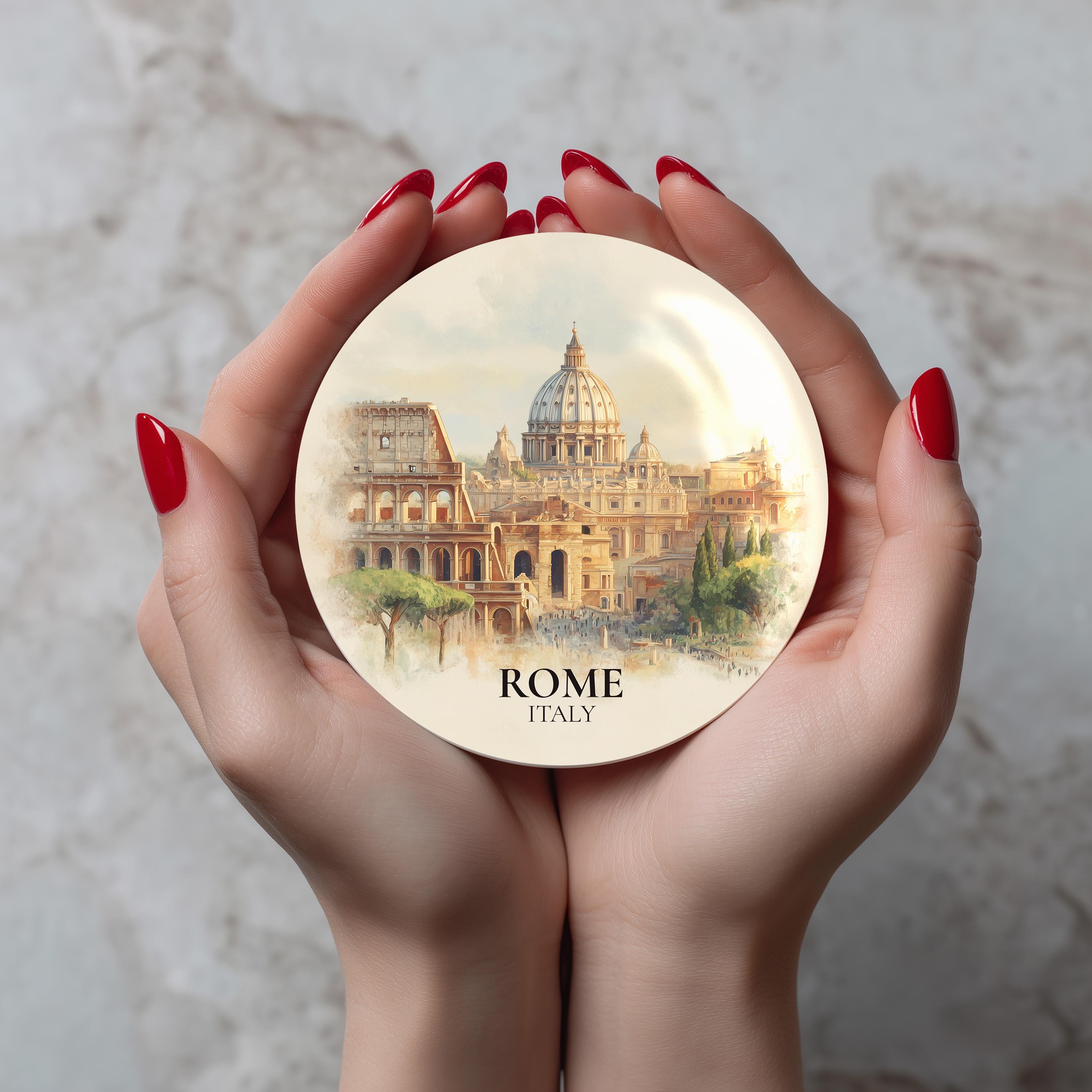Rome Italy Coaster, Watercolor Personalized Painting, Travel Gift Souvenir, Home Decor, Ceramic Set